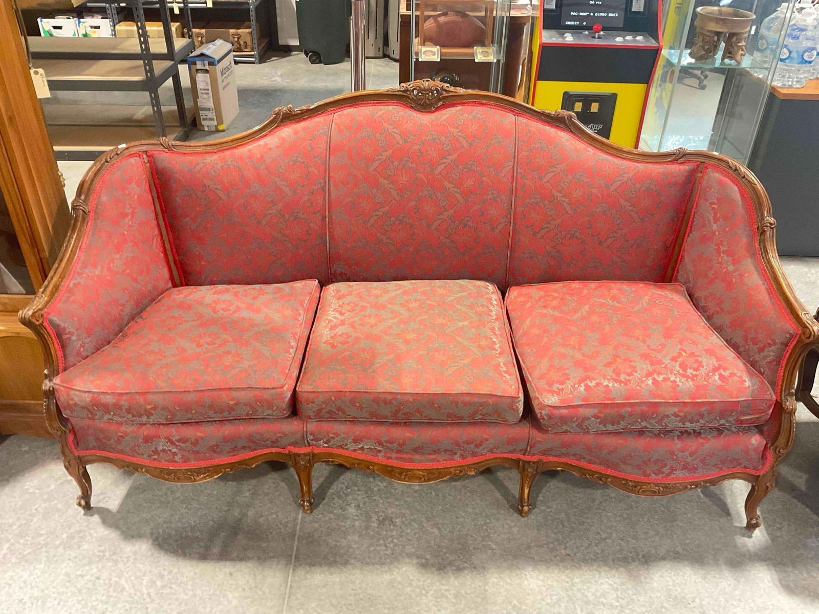 Vintage French Provincial Style 3-Seat Couch w/ Iridescent Red & Grey Upholstery. See pics. (1 of 7)