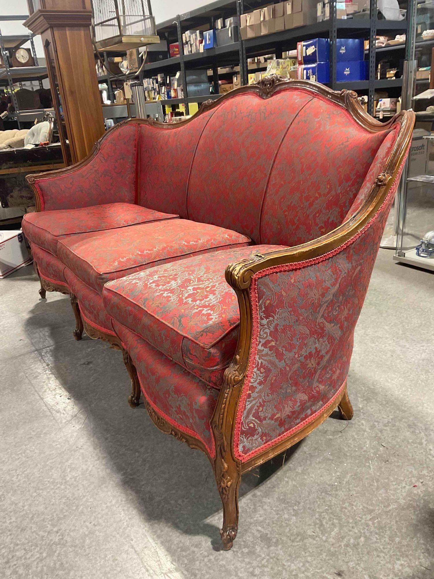 Vintage French Provincial Style 3-Seat Couch w/ Iridescent Red & Grey Upholstery. See pics. - 2