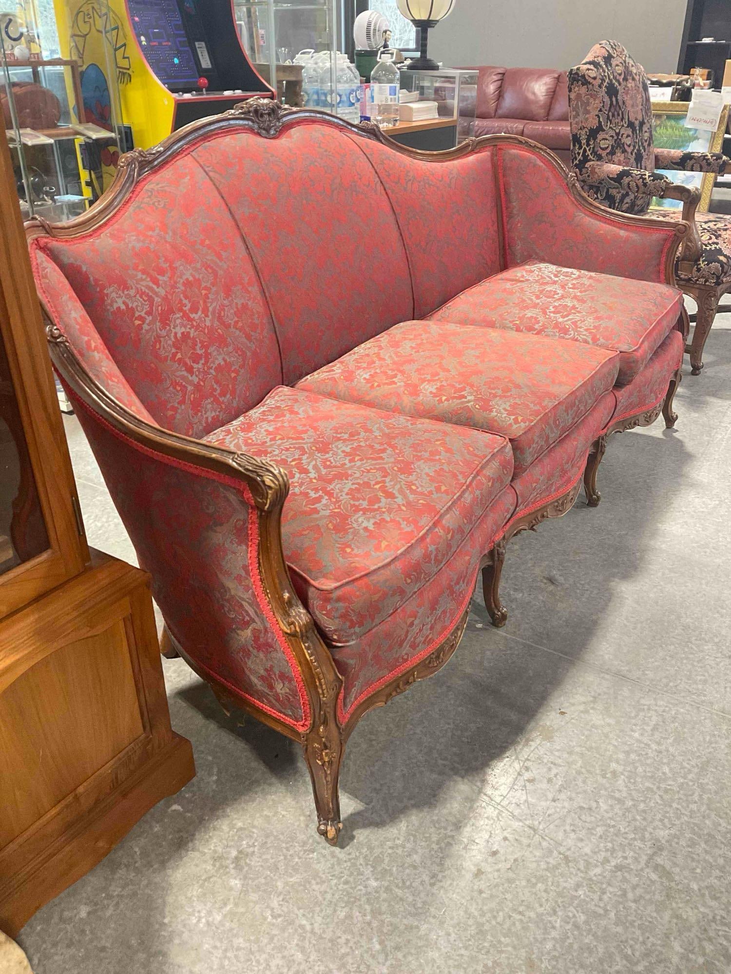 Vintage French Provincial Style 3-Seat Couch w/ Iridescent Red & Grey Upholstery. See pics. - 3