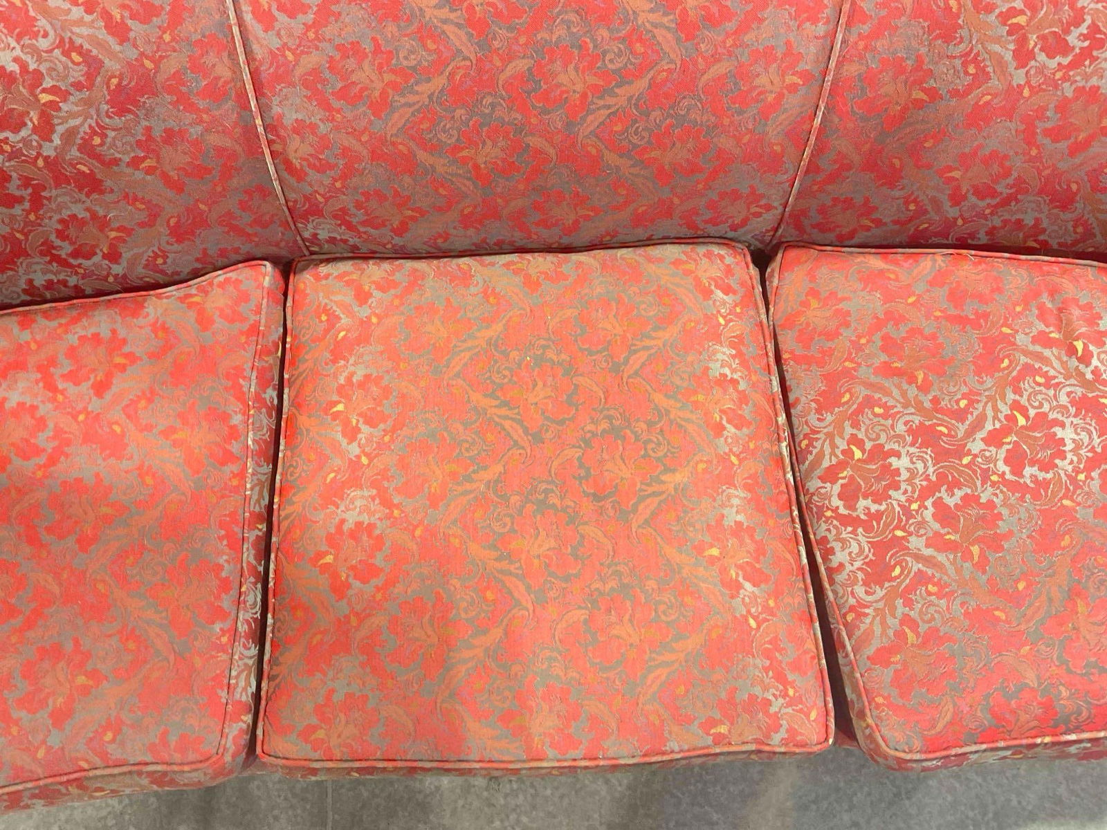 Vintage French Provincial Style 3-Seat Couch w/ Iridescent Red & Grey Upholstery. See pics. - 4