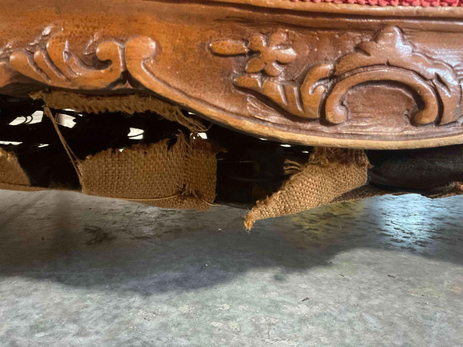 Vintage French Provincial Style 3-Seat Couch w/ Iridescent Red & Grey Upholstery. See pics. - 7