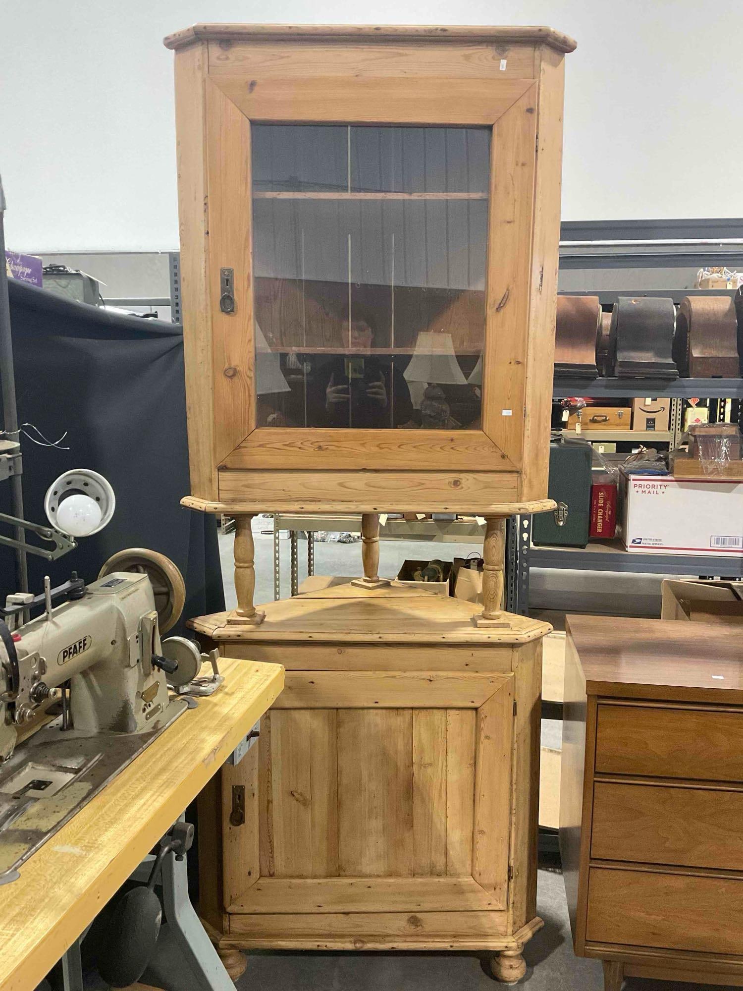 Antique Pine Wood Two-Tier Glass Fronted Corner Cupboard. Excellent Condition. See pics.: Antique Pine Wood Two-Tier Glass Fronted Corner Cupboard. Excellent Condition. Measures 34" x 20" x 84" Dm-5520 *Freight Required if shipped, Buyer Arranged/Responsibility*