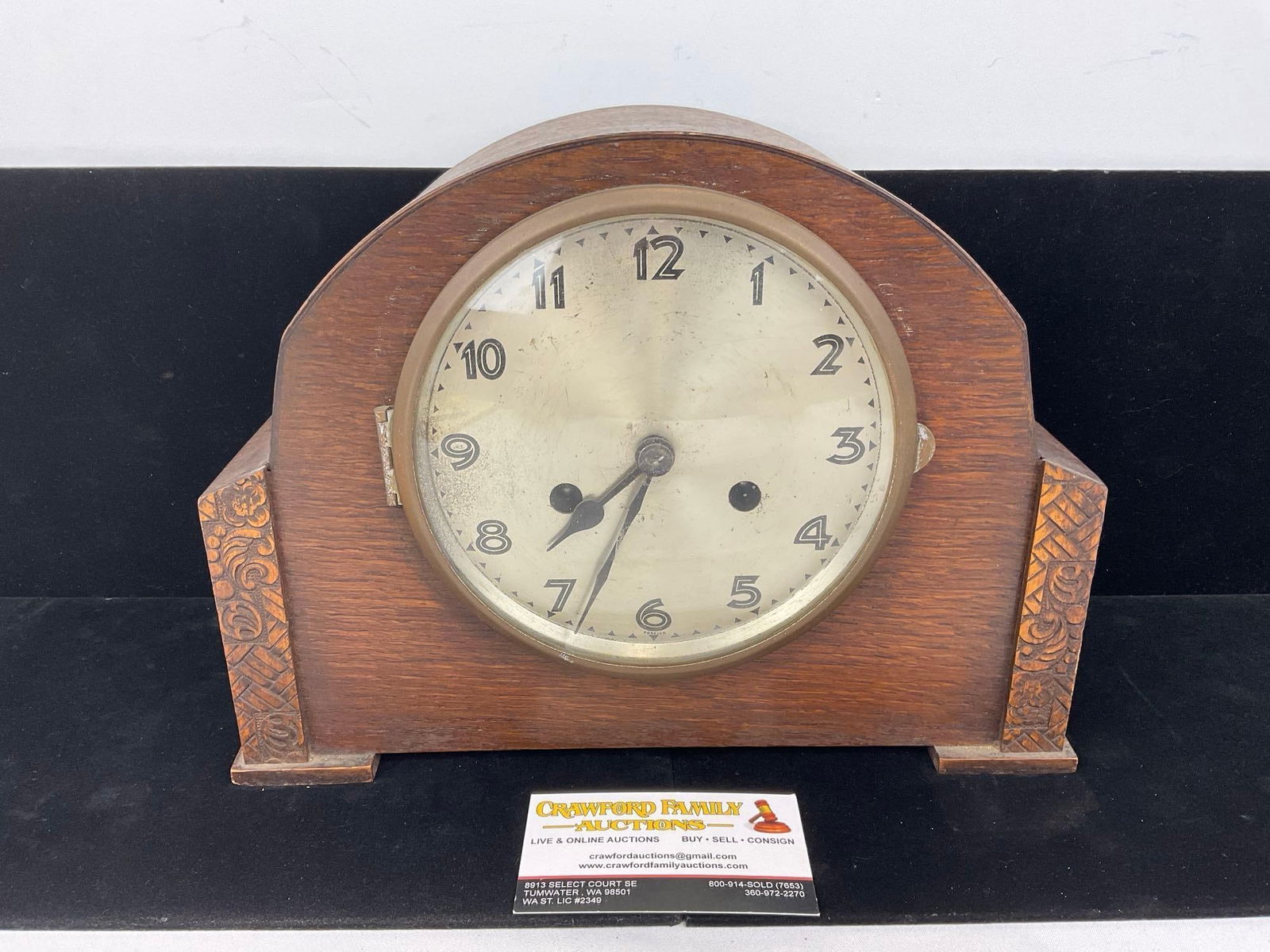 Antique English Oak Mantel Clock, Time Strike, 10h x 12w x 6d inches (1 of 5)