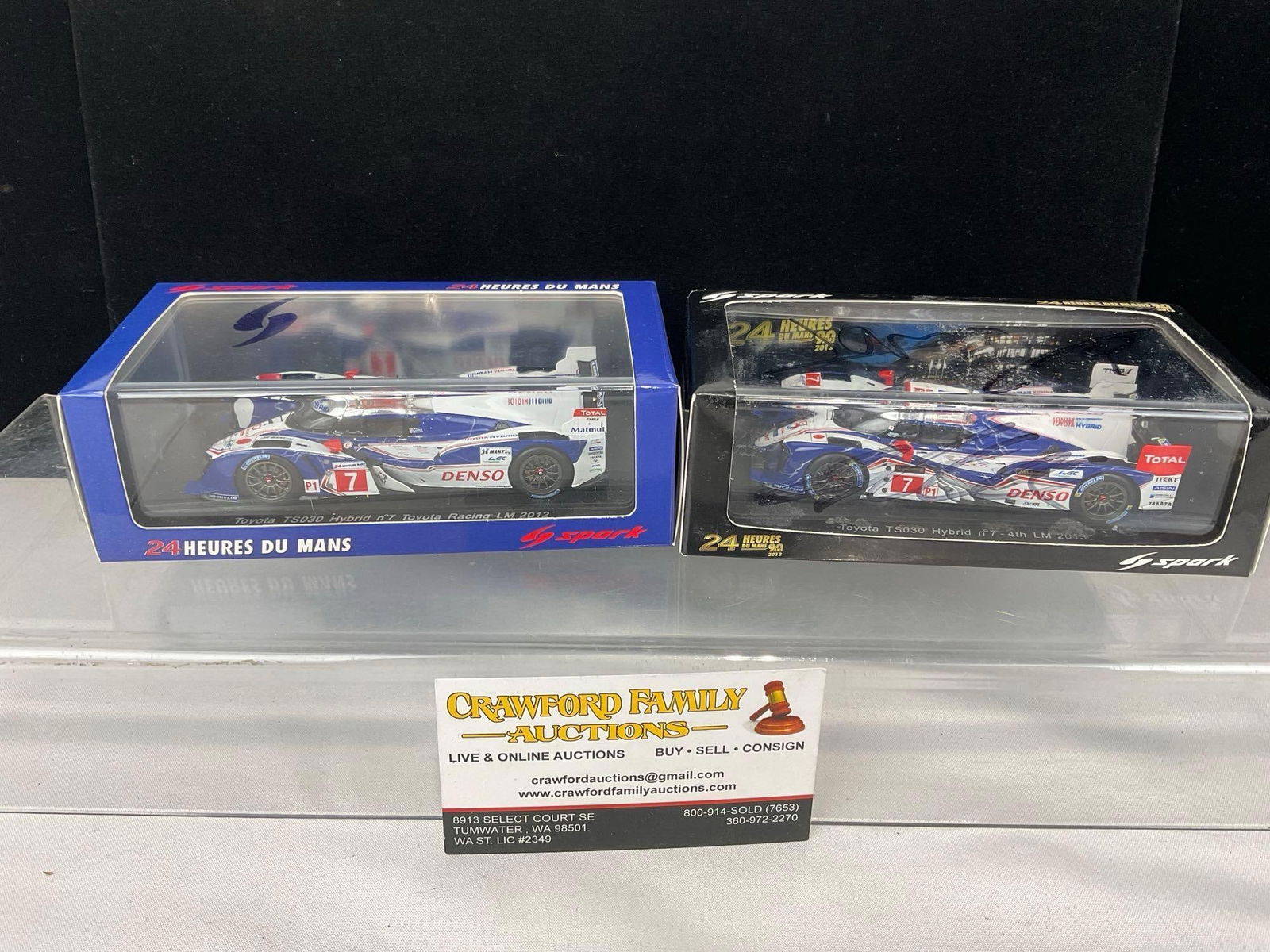 2 Spark 1/43 Diecast Car Models, 2012 Toyota TS030 Hybrid LM 24H, 1 Signed by all 3 drivers: One is signed Alexander Wurz, Nicolas LaPierre, & Kazuki Nakajima. All comes from the same diecast car collection. Appears to be in good shape. The piece measures approx 6h x 7w x 4d inches. See p