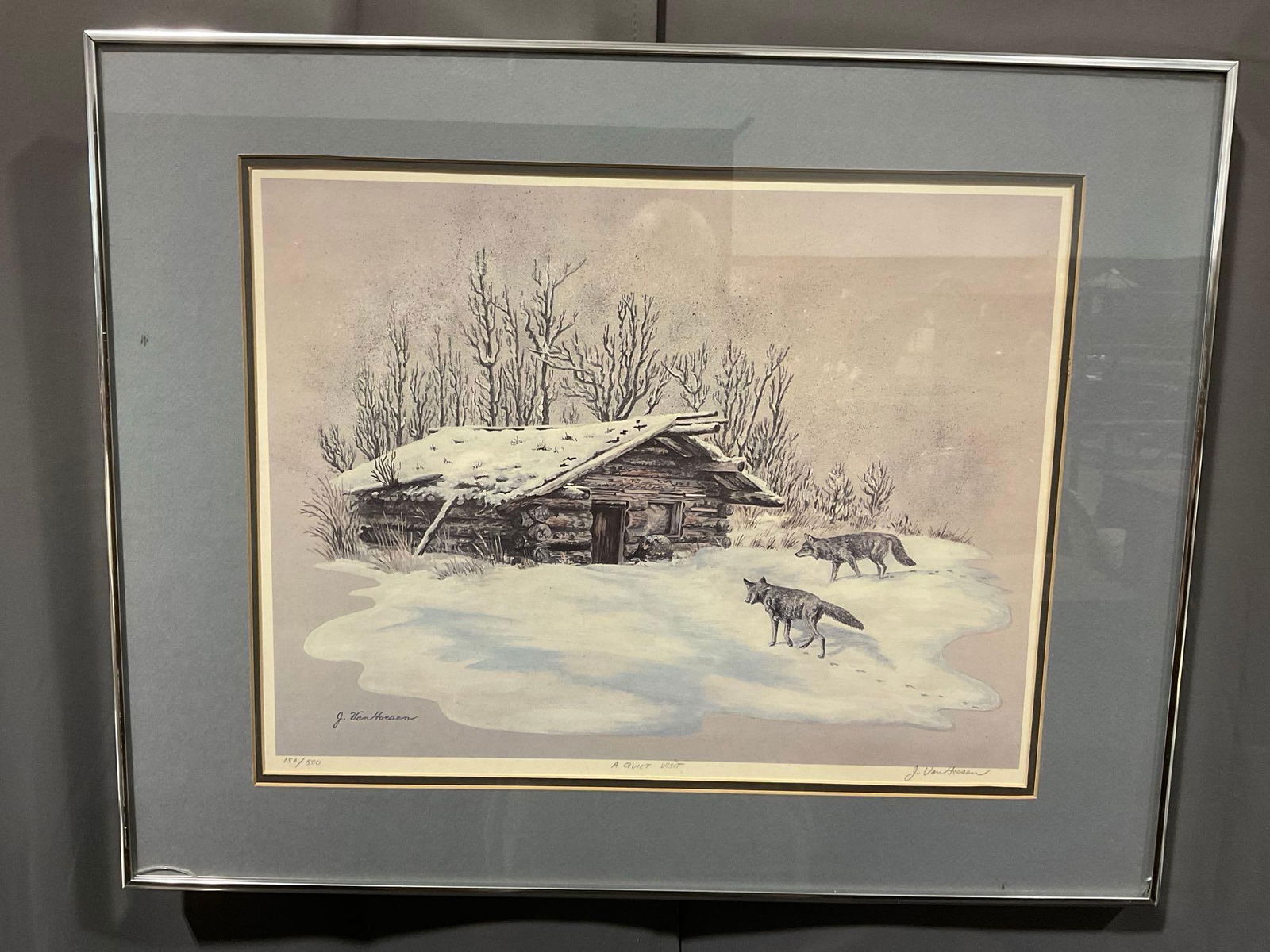 Framed Signed & #d 156/500 titled A Quiet Visit by J. Van Hoesen, 23x29 inches, Wolves at Snowy B...: Appears to be in good shape. The piece measures approx 23h x 29w x 3d inches. See pics. E-5610 
