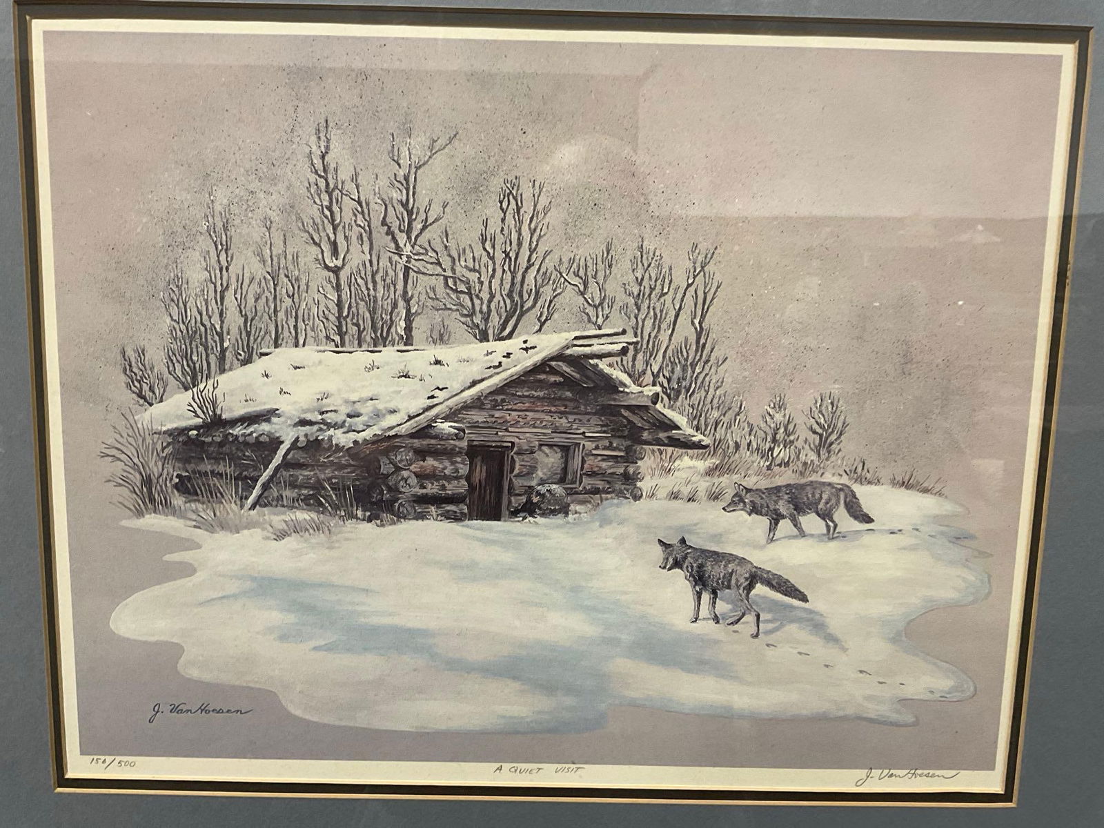 Framed Signed & #d 156/500 titled A Quiet Visit by J. Van Hoesen, 23x29 inches, Wolves at Snowy B... - 2