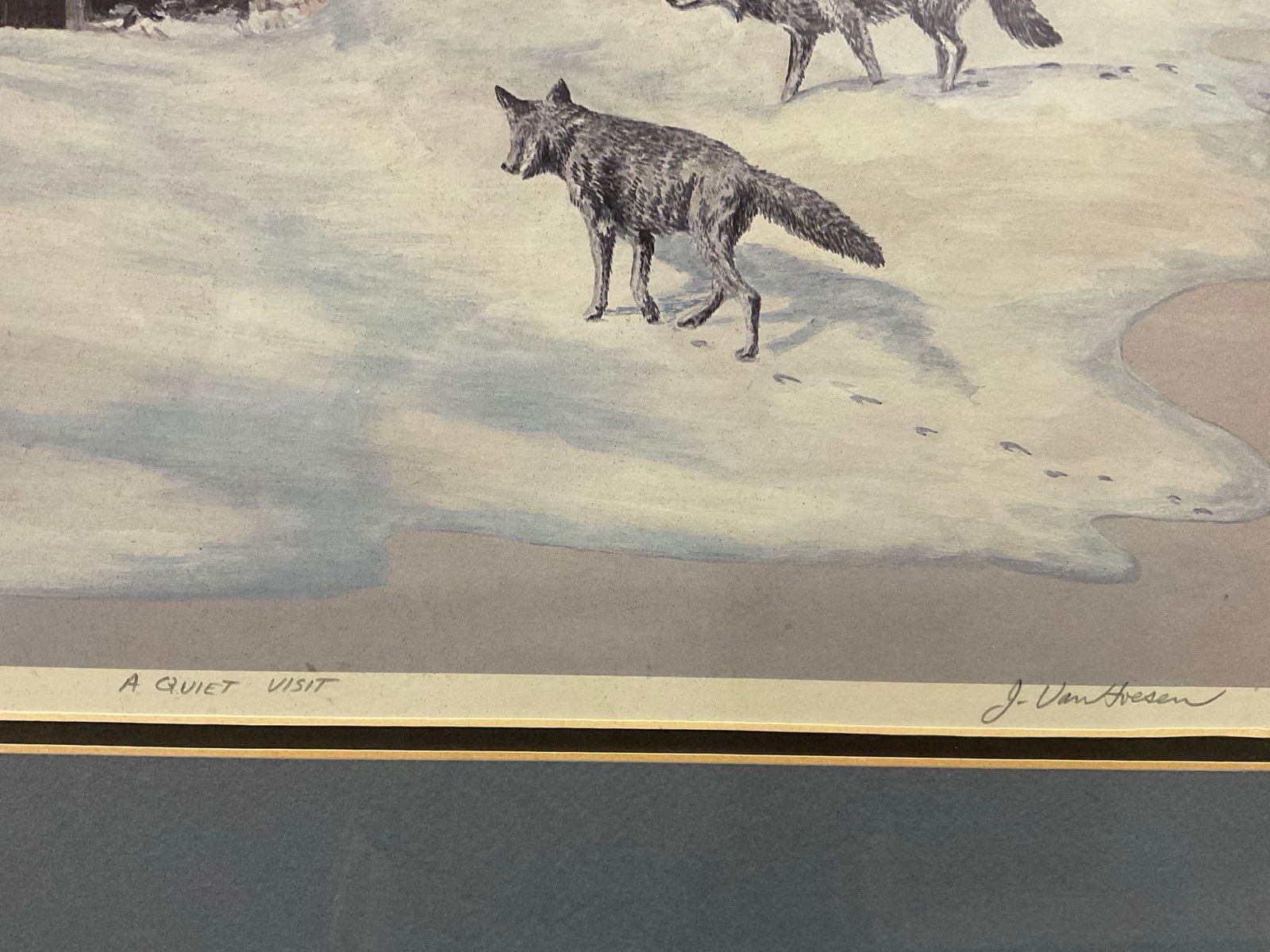 Framed Signed & #d 156/500 titled A Quiet Visit by J. Van Hoesen, 23x29 inches, Wolves at Snowy B... - 4
