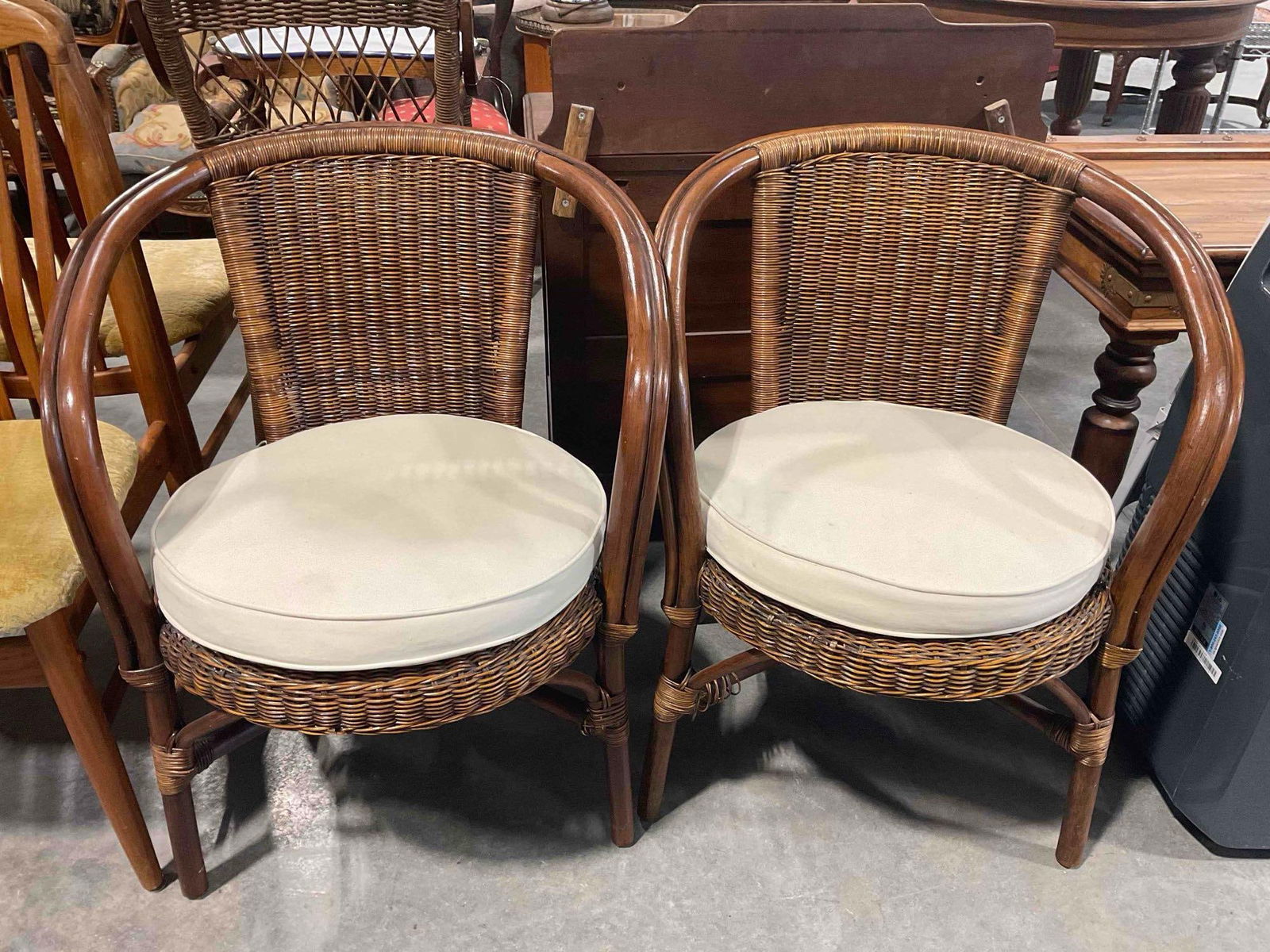 Pair of Modern Brown Wicker & Wood Chairs w/ Cream Cushions. Excellent Condition. See pics. (1 of 6)