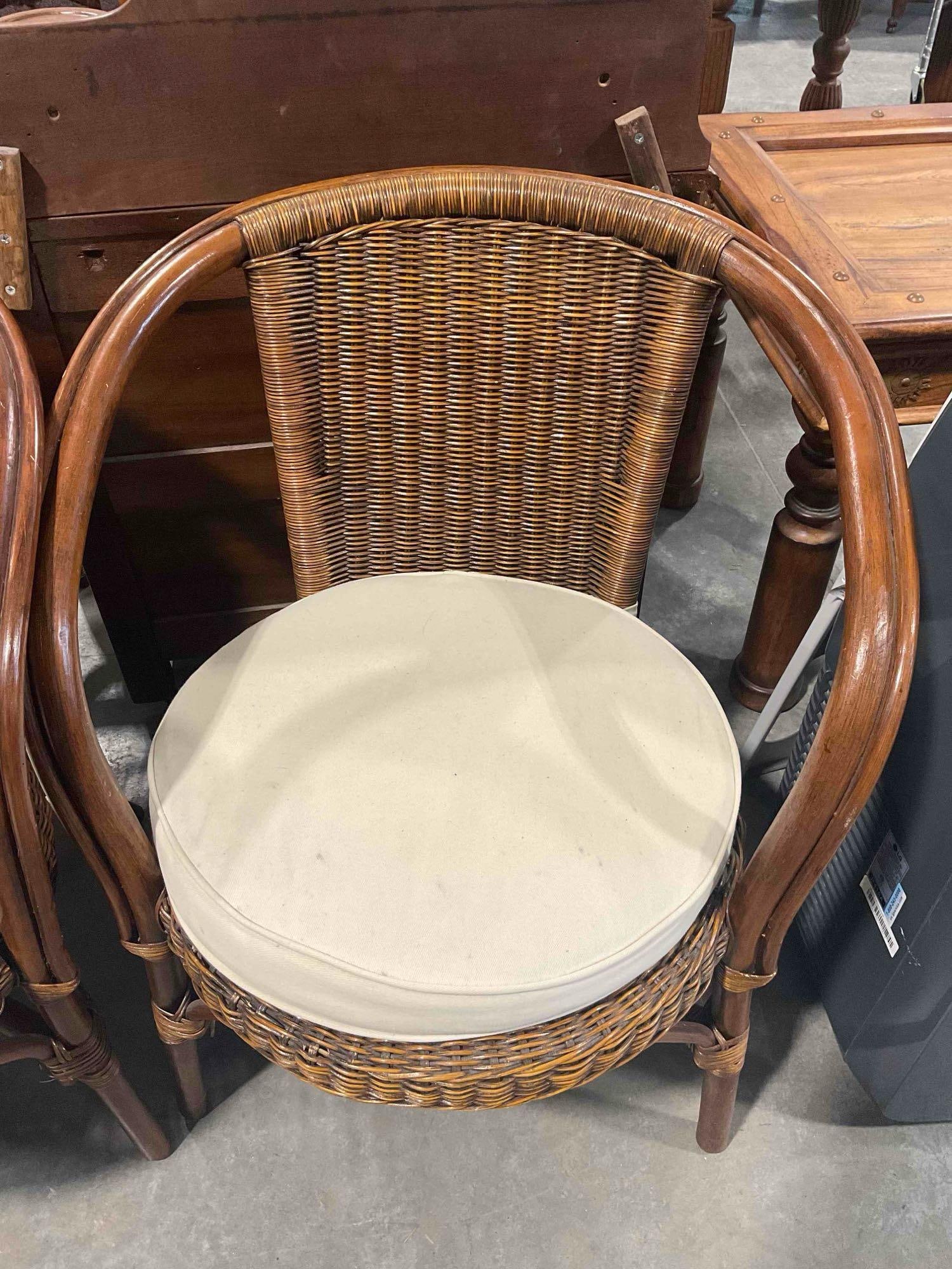 Pair of Modern Brown Wicker & Wood Chairs w/ Cream Cushions. Excellent Condition. See pics. - 3