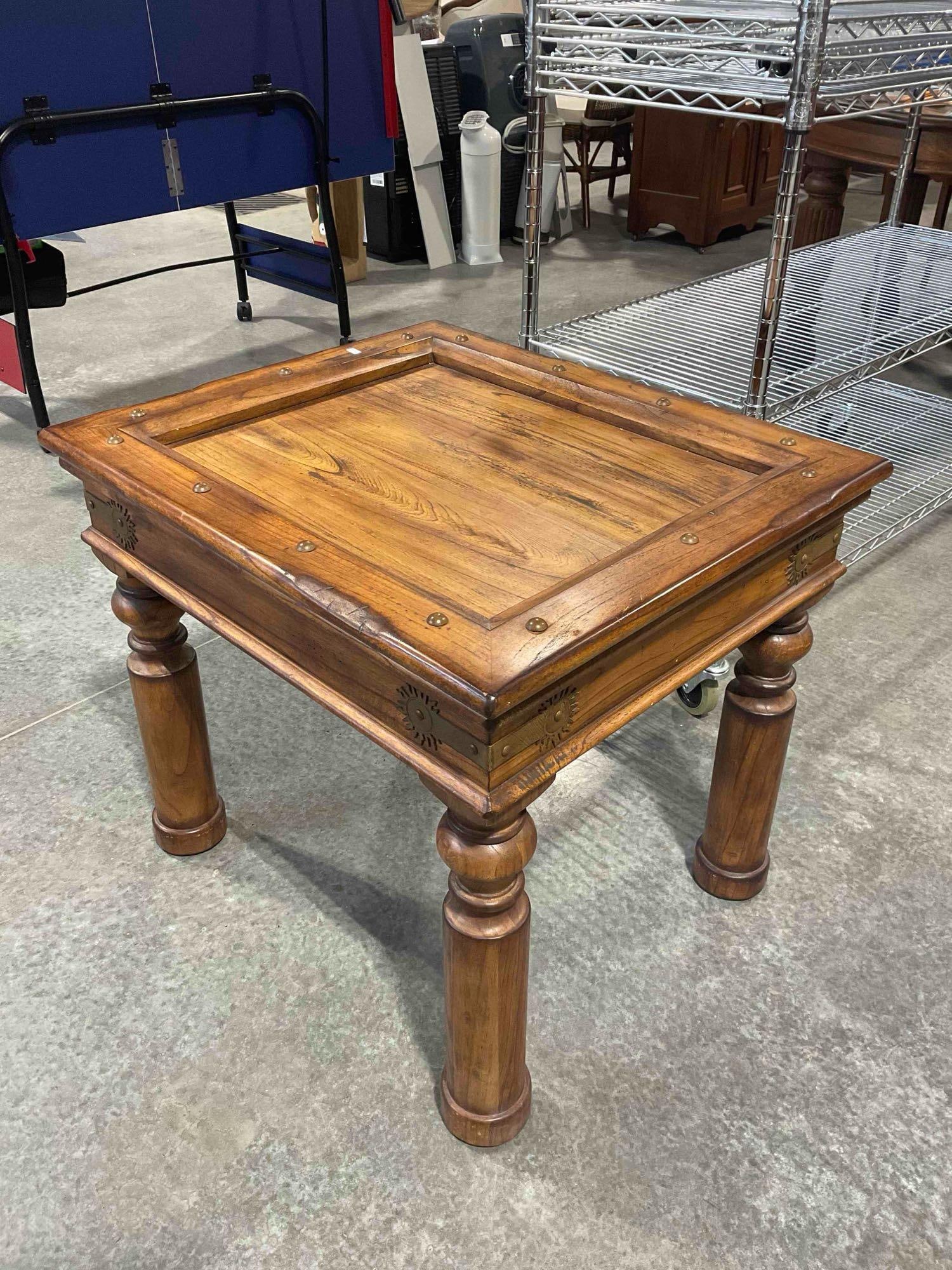 Klaussner Oak? Wood Side Table w/ Recessed Top & Brass Sun Details. Excellent Condition. See pics. - 2