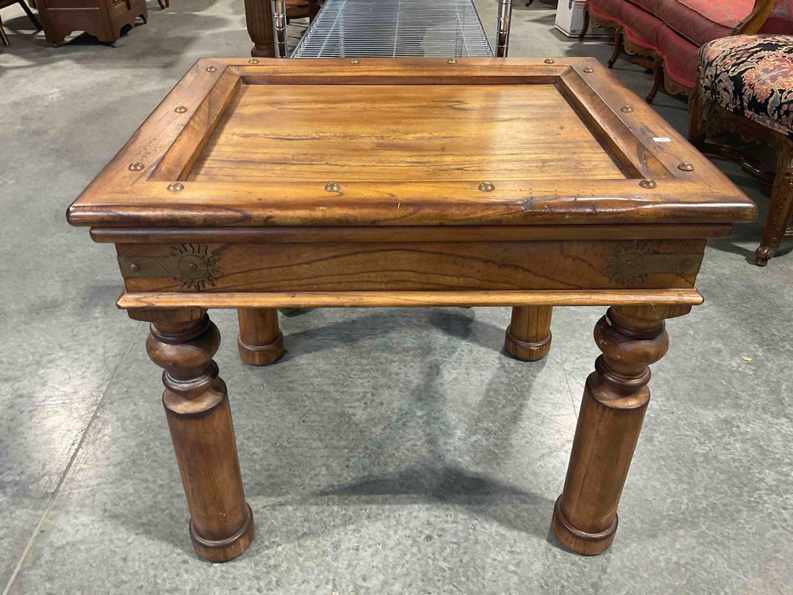Klaussner Oak? Wood Side Table w/ Recessed Top & Brass Sun Details. Excellent Condition. See pics. - 5