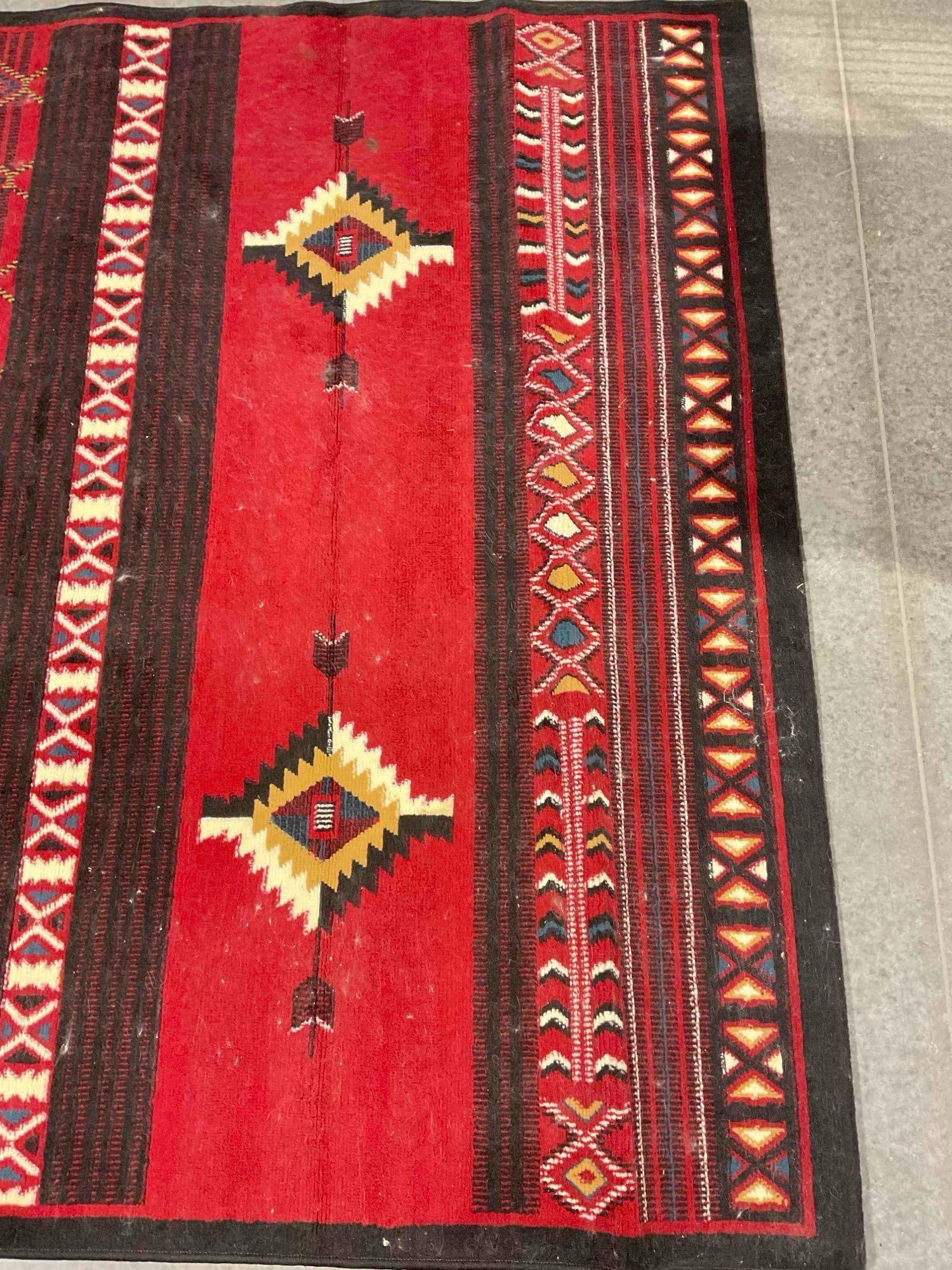 Al-Kaffary Carpet Red Acrylic? Pile Rug w/ Southwestern Geometric Design. Good Condition. - 3