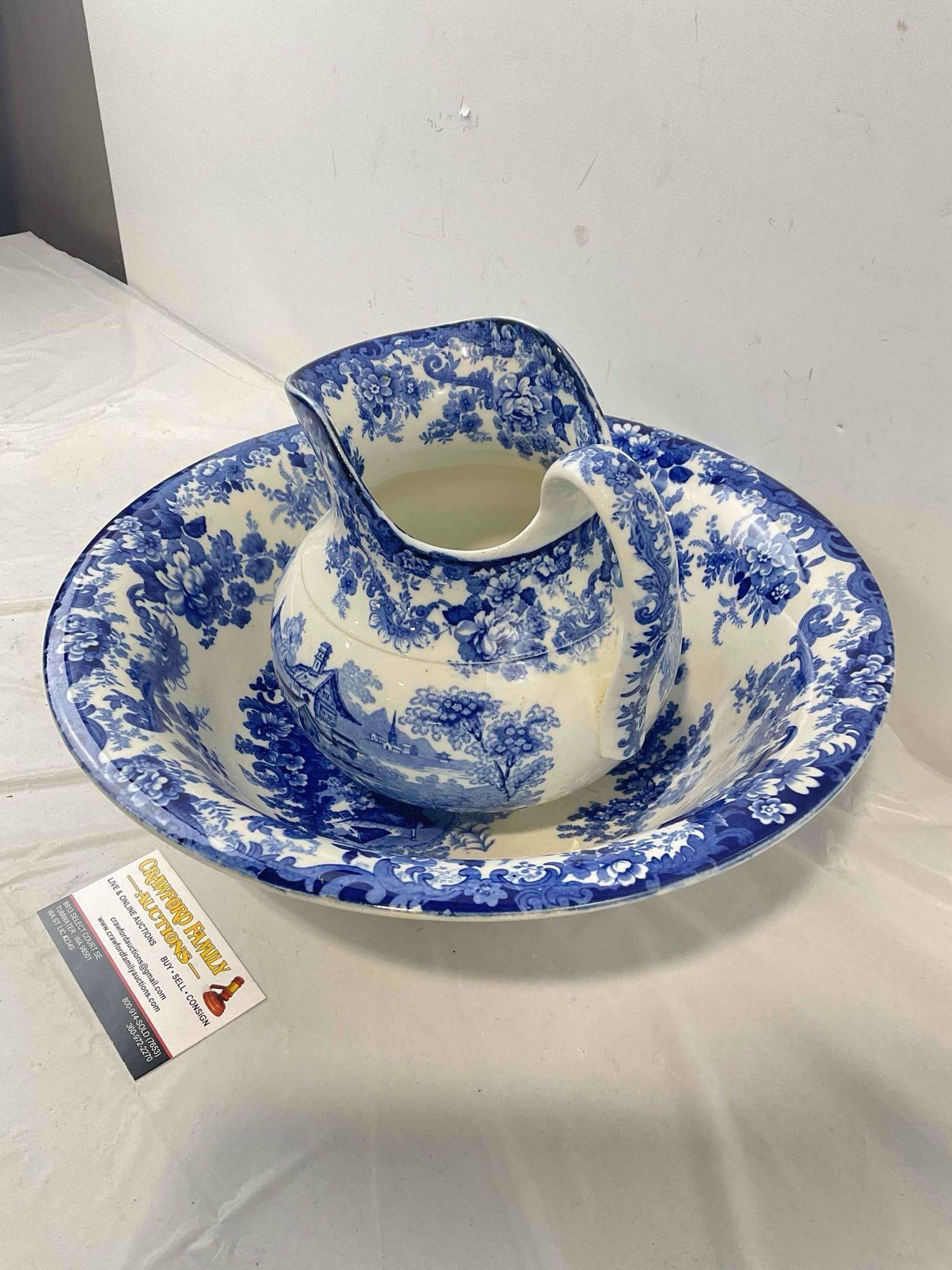 Vintage Mintons Blue & White Ceramic Bowl & Pitcher in Genevese Pattern. Very Good Condition. - 2