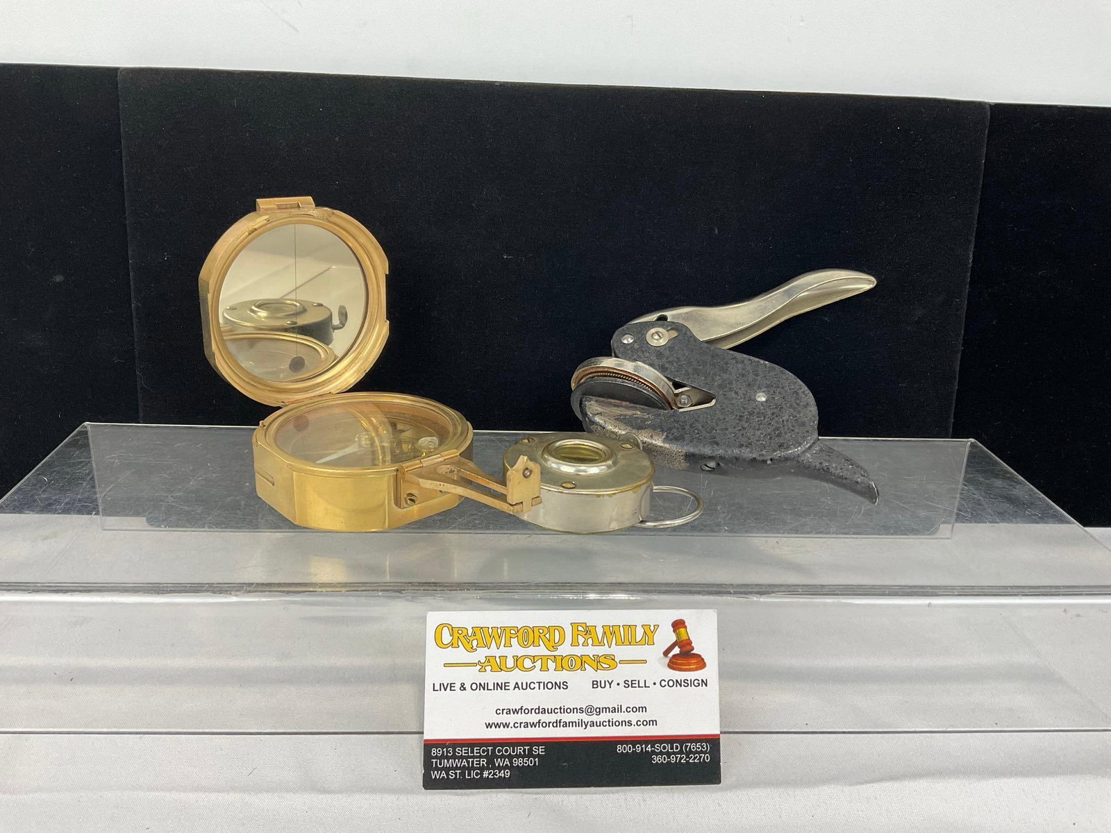 Vintage 1955 Hand Press Notary Stamp, Metal Clicker Counter, & Indian Brass Compass: Appears to be in good shape. The piece measures approx 5h x 7w x 3d inches. See pics. E-5360