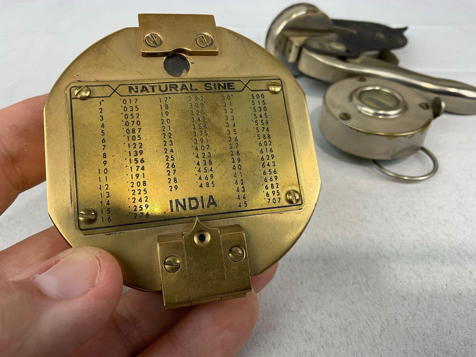 Vintage 1955 Hand Press Notary Stamp, Metal Clicker Counter, & Indian Brass Compass - 7