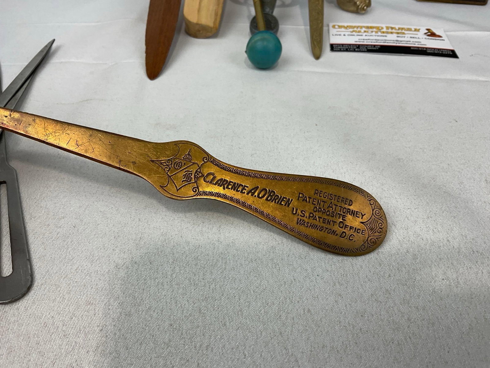 Asst of 12 Letter Openers, Venus Pencils Clip & Shoe Horn, Cast Metal, Patent Attorney Ad & more - 7