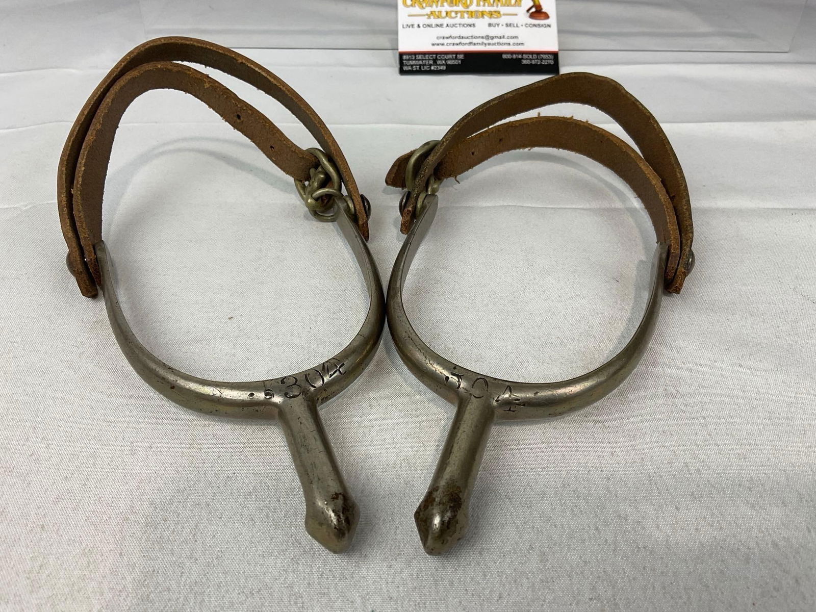 Pair of Antique 1912 Horse Spurs w/Leather Straps, 3h x 7w x 4d inches - 2