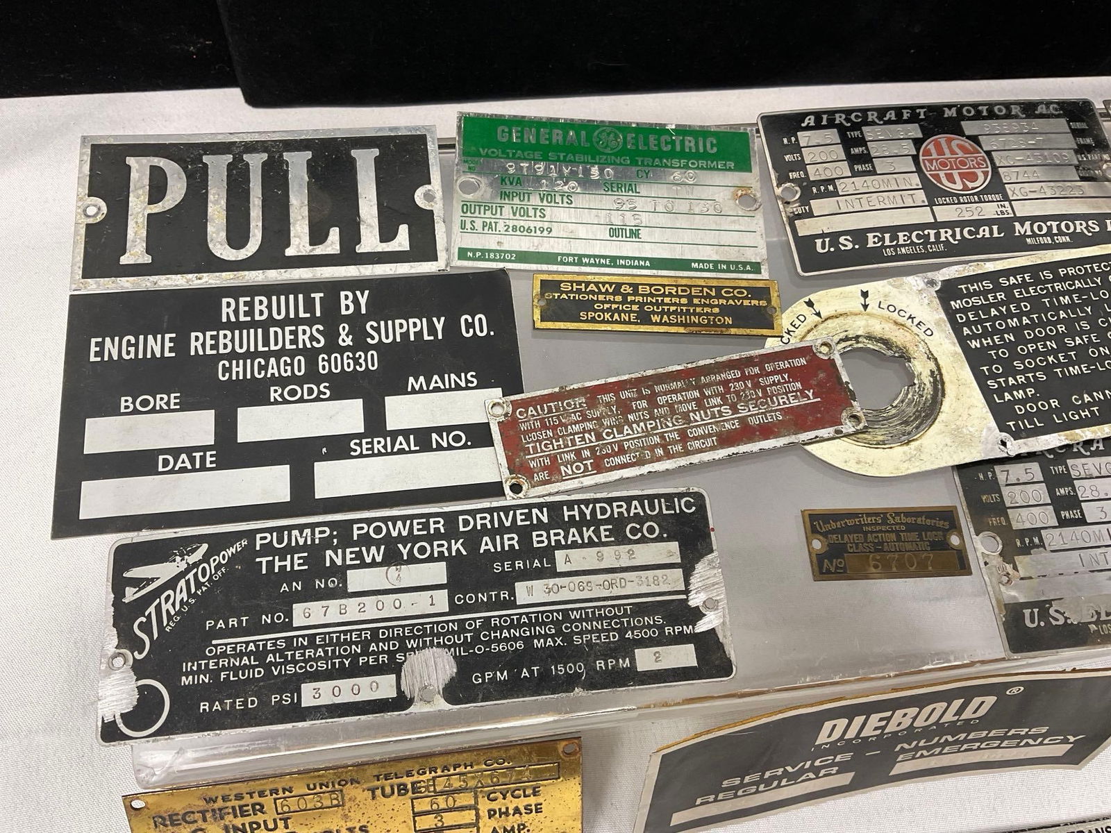 Assortment of Vintage Metal Equipment Tags & Plates, GE, Diebold, Western Union, & more - 2