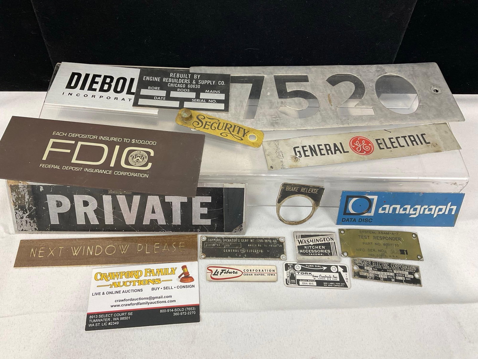Assortment of Vintage Metal Equipment Tags & Plates, GE, Address Plate, Bank Badges, & more: Appears to be in good shape. The piece measures approx 4h x 11w x 3d inches. See pics. E-5360 