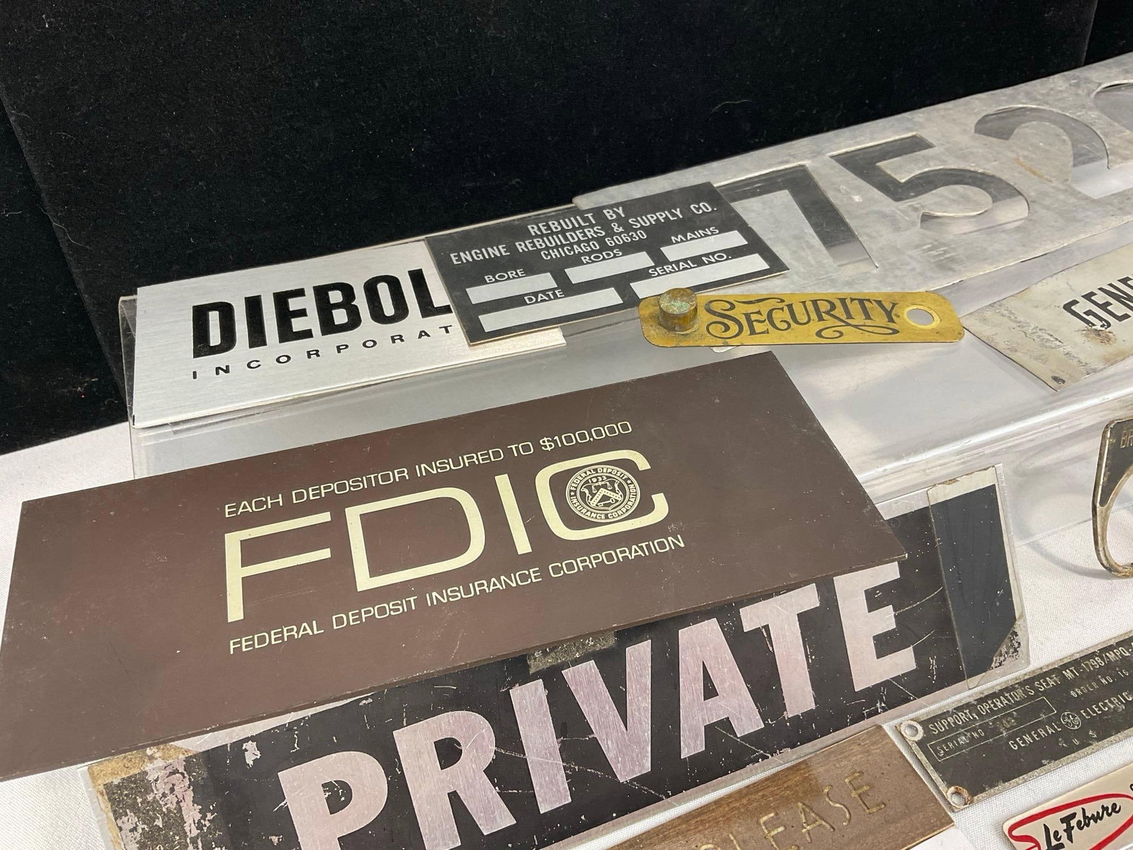 Assortment of Vintage Metal Equipment Tags & Plates, GE, Address Plate, Bank Badges, & more - 3