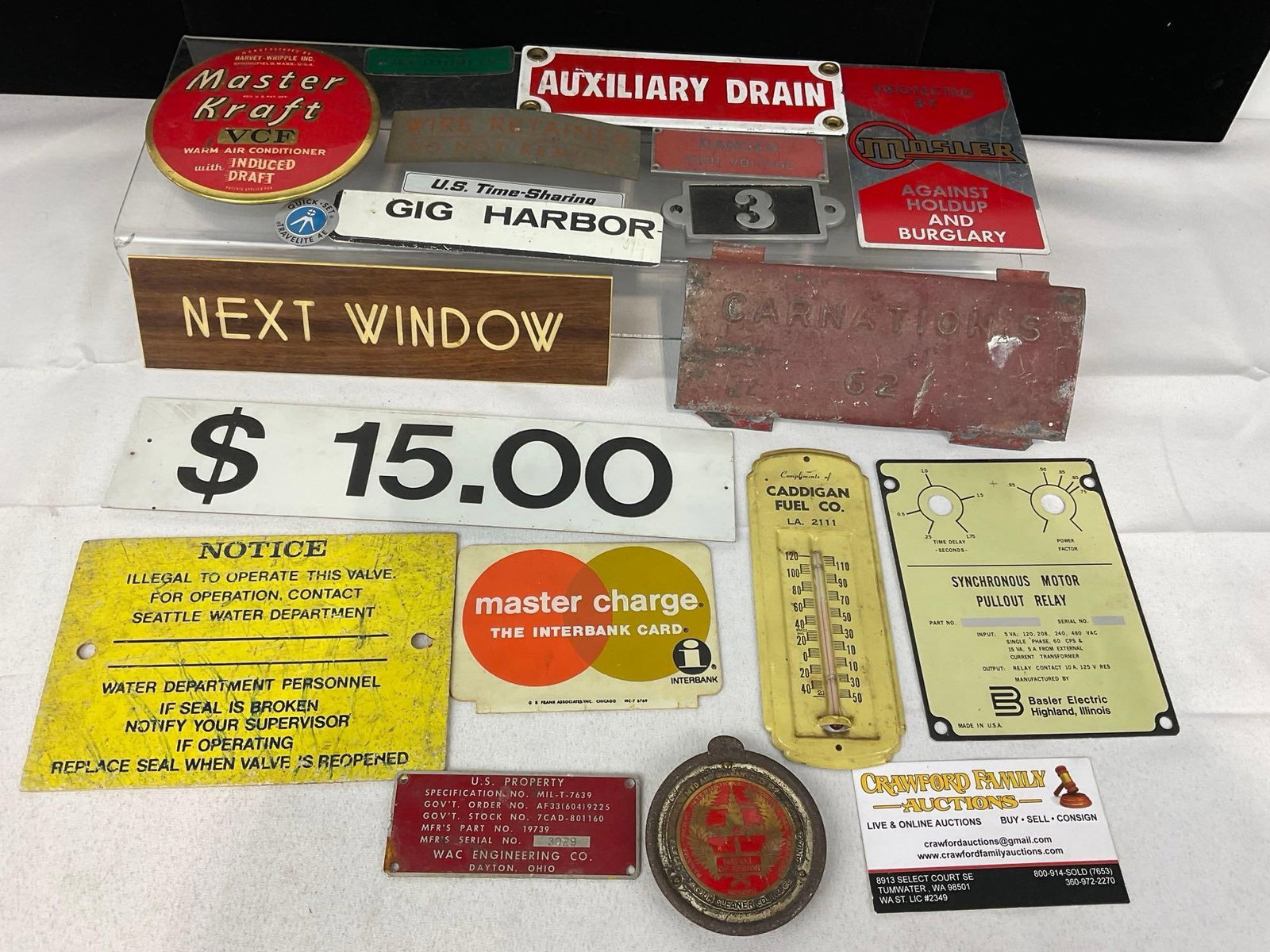 Asst Caution Plates, Bank, Master Kraft, Mosler Security, Carnations & more: Appears to be in good shape. The piece measures approx 5h x 10w x 3d inches. See pics. E-5360 