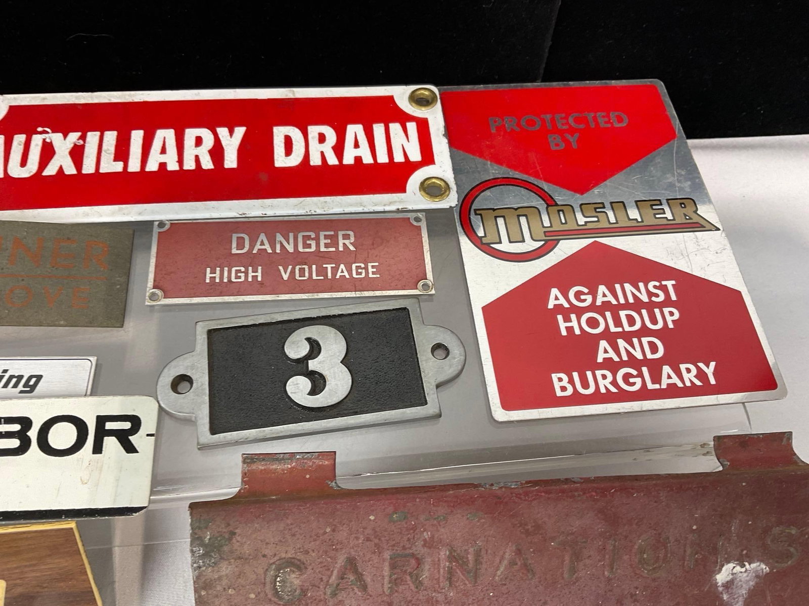 Asst Caution Plates, Bank, Master Kraft, Mosler Security, Carnations & more - 3