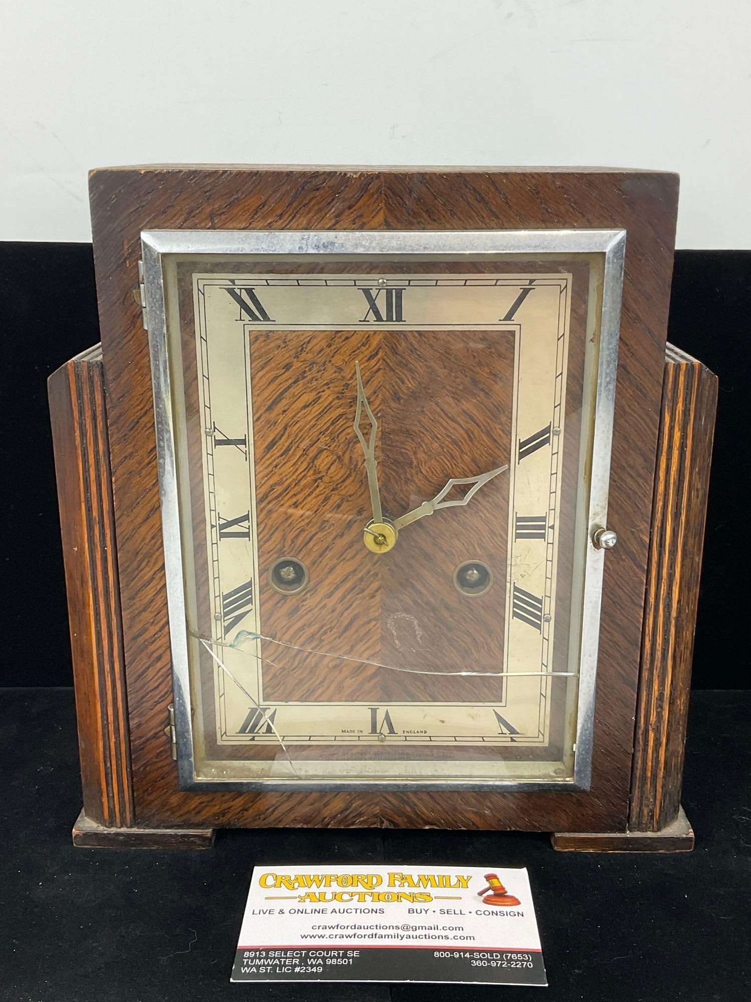 Antique British Art Deco style, Square Mantel Clock, Time Strike, 10h x 9w x 6d inches (1 of 5)