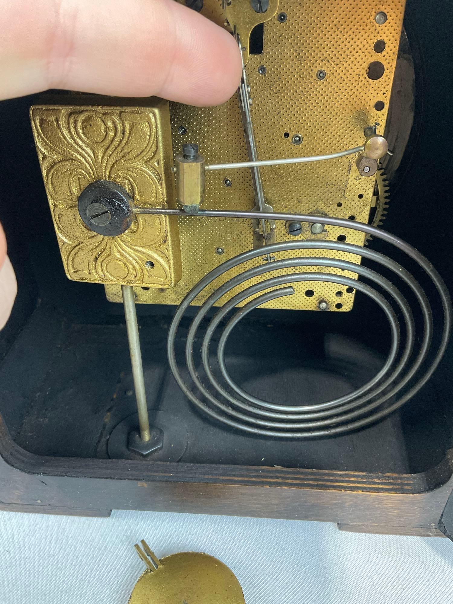 Antique English Oak Ingersoll Legion Mantel Clock Time Strike, 10h x 10w x 6d inches - 6