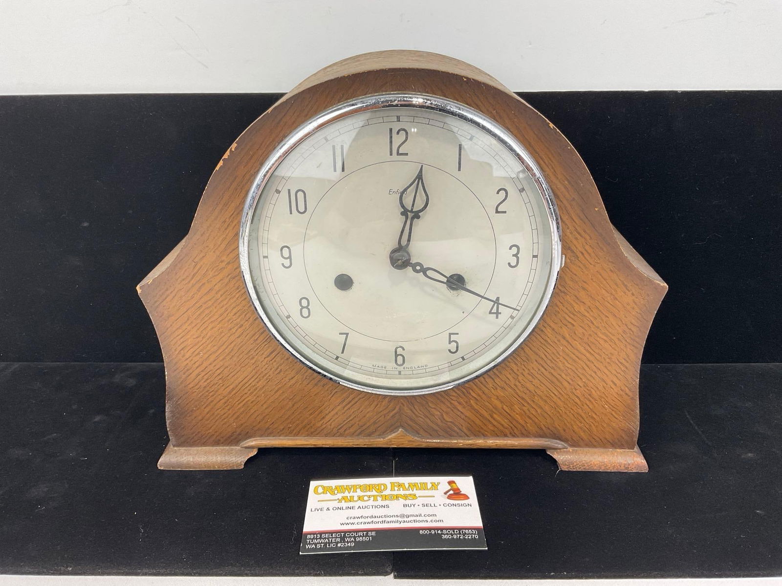 Antique English Oak Enfield Mantel Clock Time Strike, 10h x 11w x 6d inches (1 of 6)