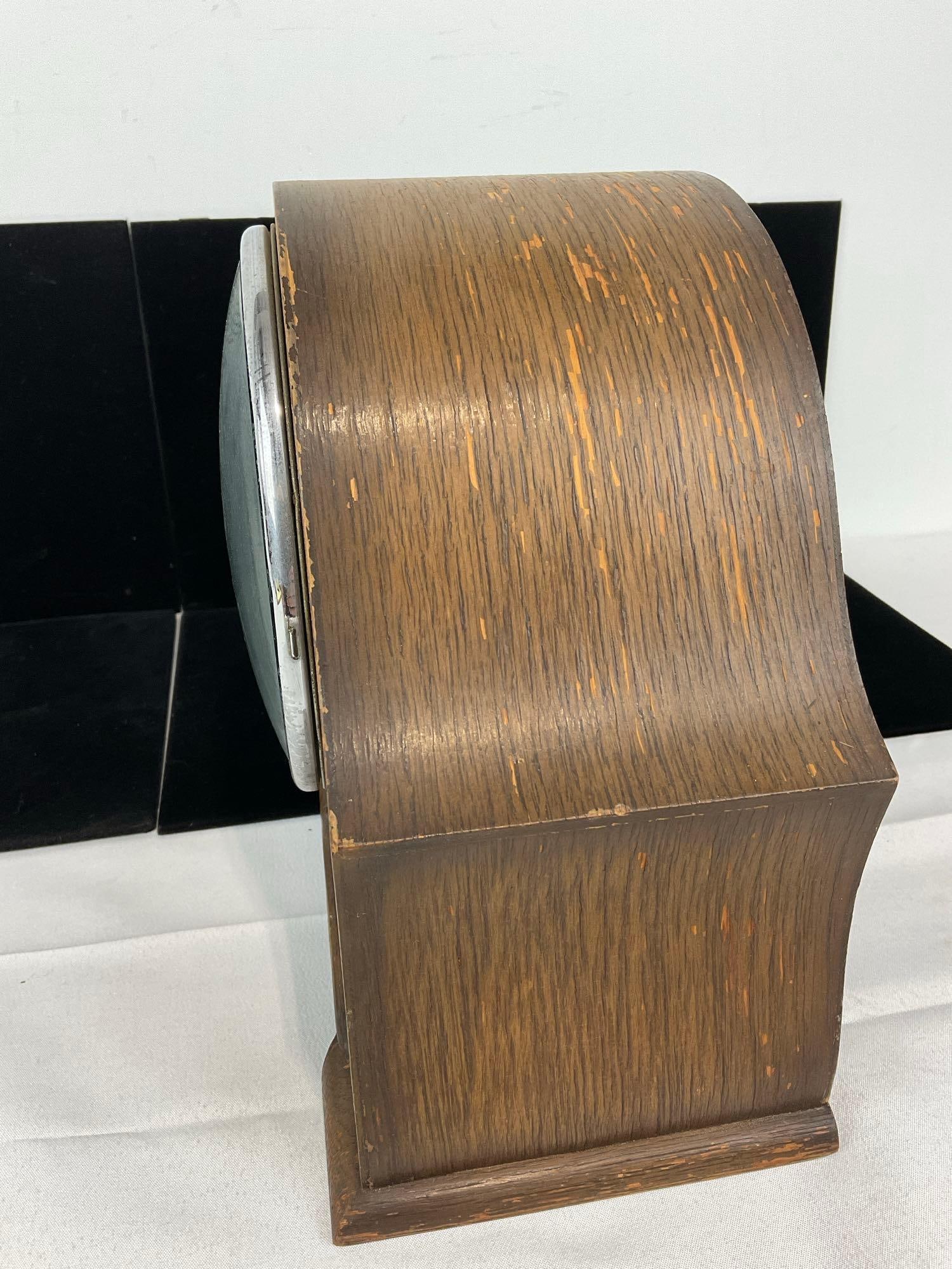 Antique English Oak Enfield Mantel Clock Time Strike, 10h x 11w x 6d inches - 4