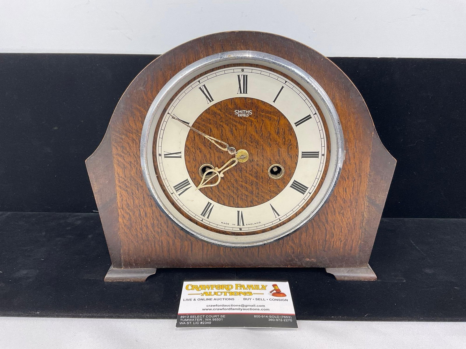 Antique Smiths Enfield Tiger Oak English Mantel Clock, Time Strike, 9h x 11w x 7d inches: Appears to be in fair to good shape, the back door is a bit loose. The piece measures approx 9h x 11w x 7d inches. See pics. E-5580 