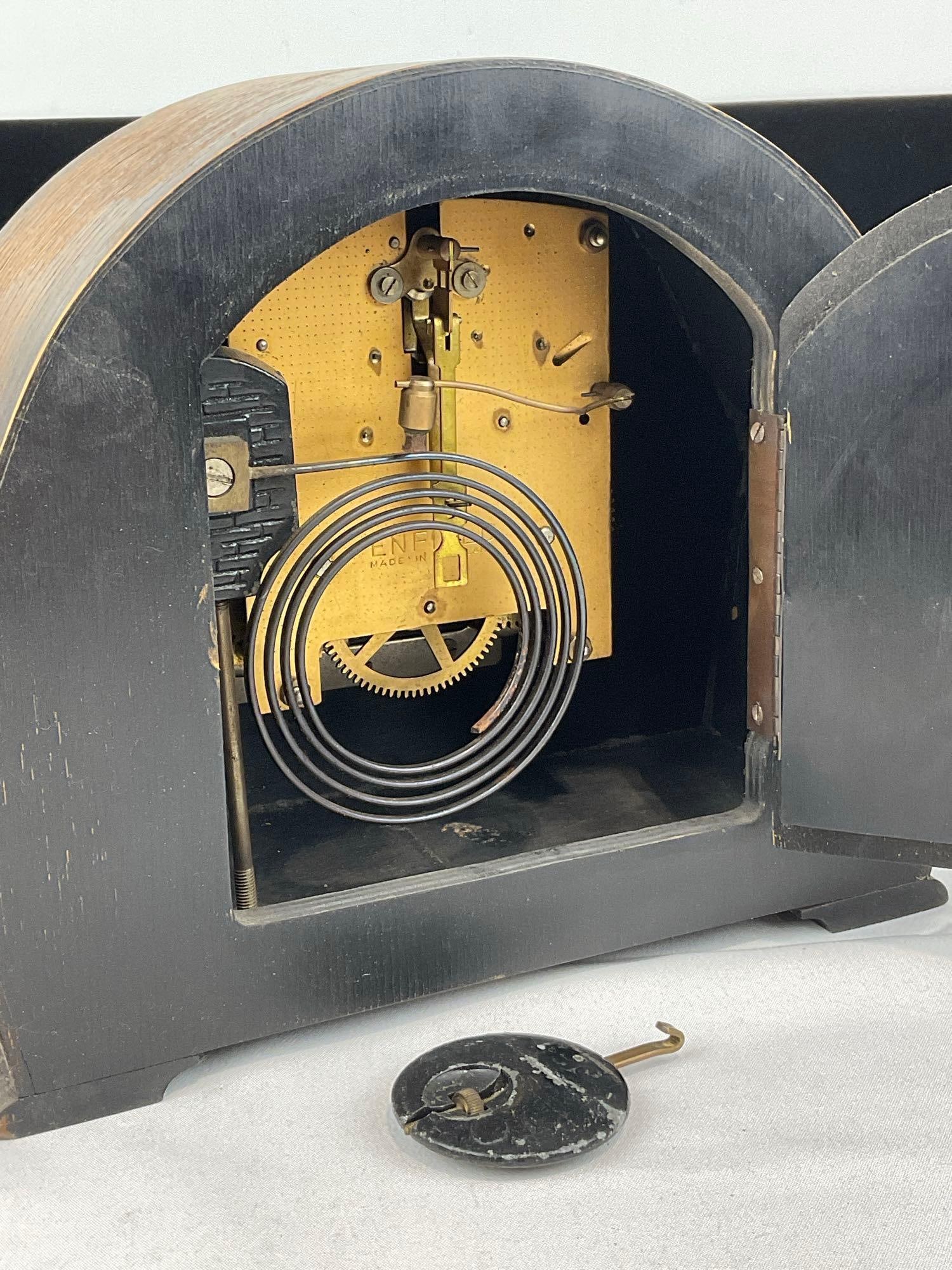 Antique Smiths Enfield Tiger Oak English Mantel Clock, Time Strike, 9h x 11w x 7d inches - 4