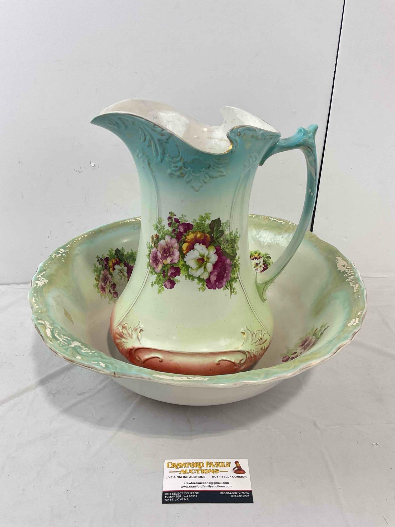 Antique Beautiful Mint Green & Floral Ceramic Pitcher & Bowl. Very Good Condition. See pics. (1 of 8)