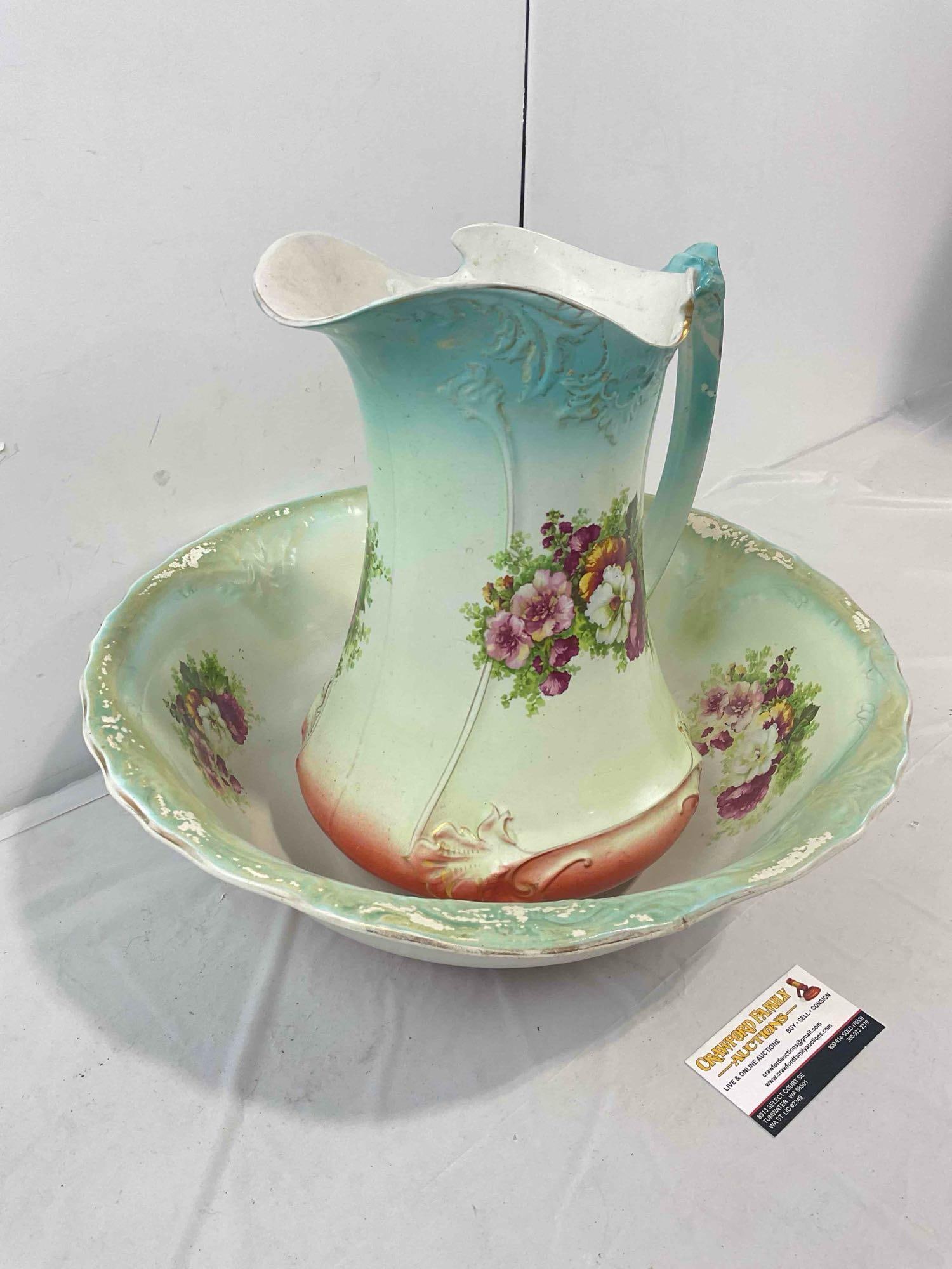 Antique Beautiful Mint Green & Floral Ceramic Pitcher & Bowl. Very Good Condition. See pics. - 2