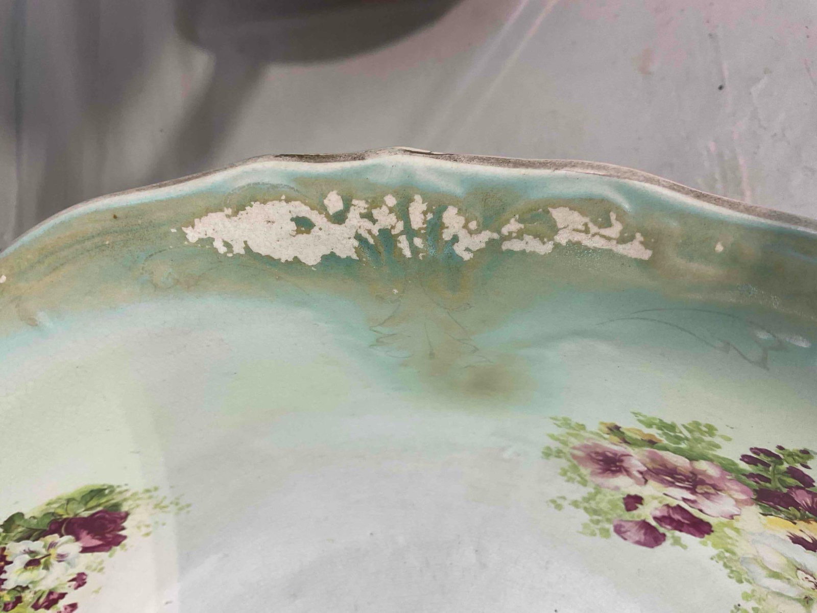 Antique Beautiful Mint Green & Floral Ceramic Pitcher & Bowl. Very Good Condition. See pics. - 5