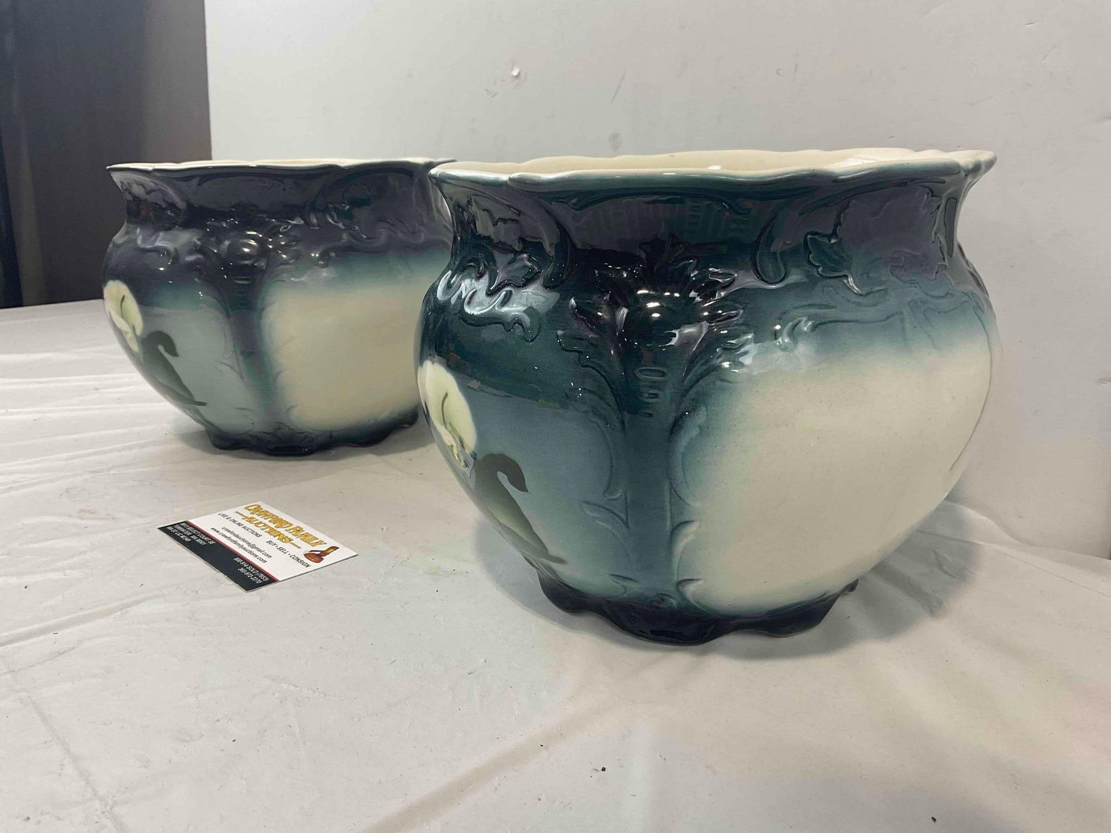 Pair of Vintage Lovely Blue & White Ceramic Jardiniere Planter Pits w/ Lily Motif. Very Good Cond. - 2