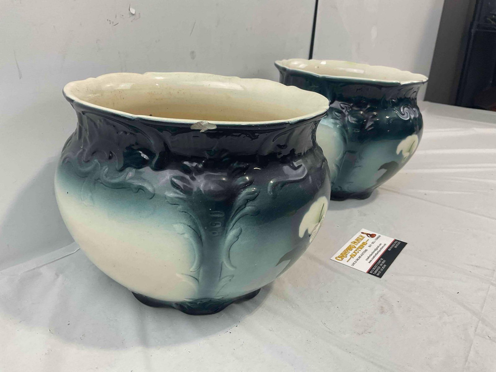 Pair of Vintage Lovely Blue & White Ceramic Jardiniere Planter Pits w/ Lily Motif. Very Good Cond. - 3