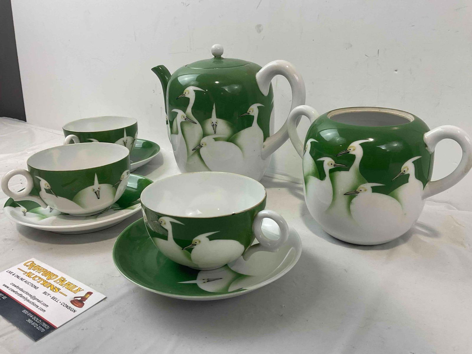 8 pcs Vintage Sweet Japanese White & Green Ceramic Tea Set w/ Heron Motif. See pics. - 2