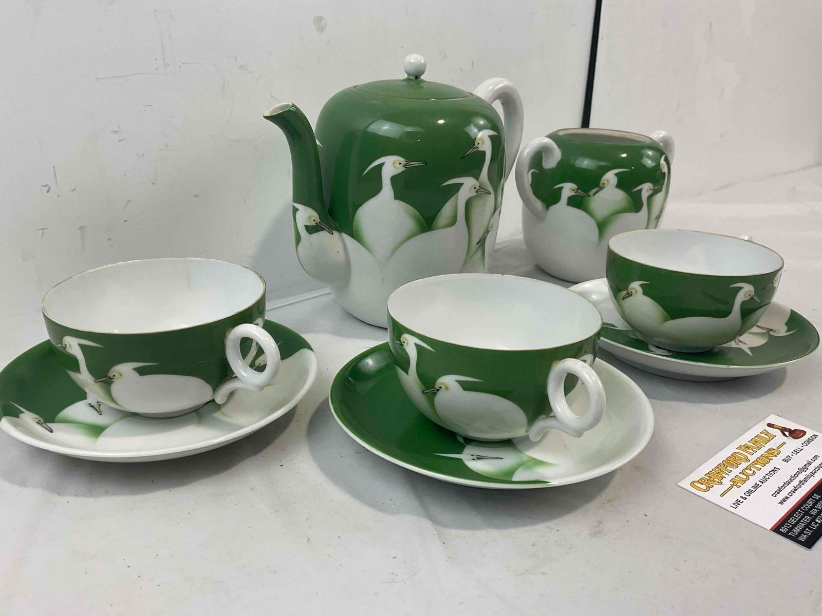 8 pcs Vintage Sweet Japanese White & Green Ceramic Tea Set w/ Heron Motif. See pics. - 3