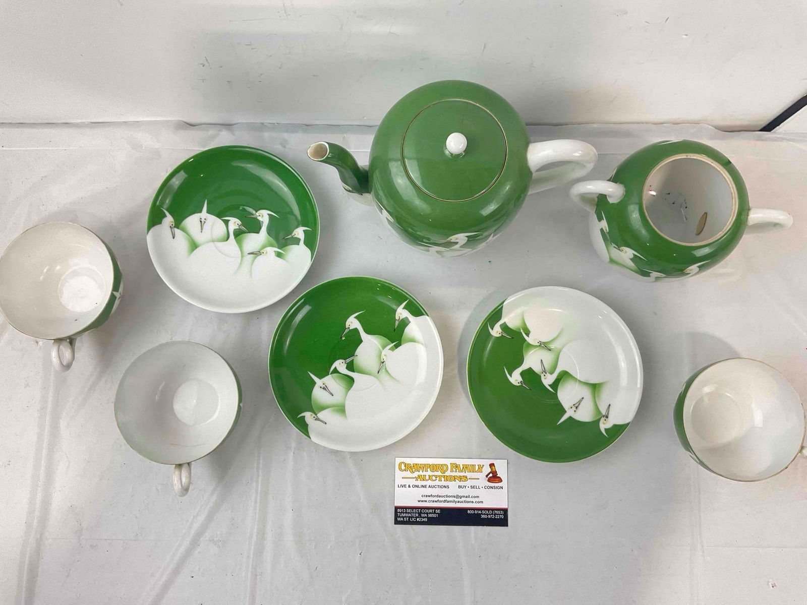 8 pcs Vintage Sweet Japanese White & Green Ceramic Tea Set w/ Heron Motif. See pics. - 4
