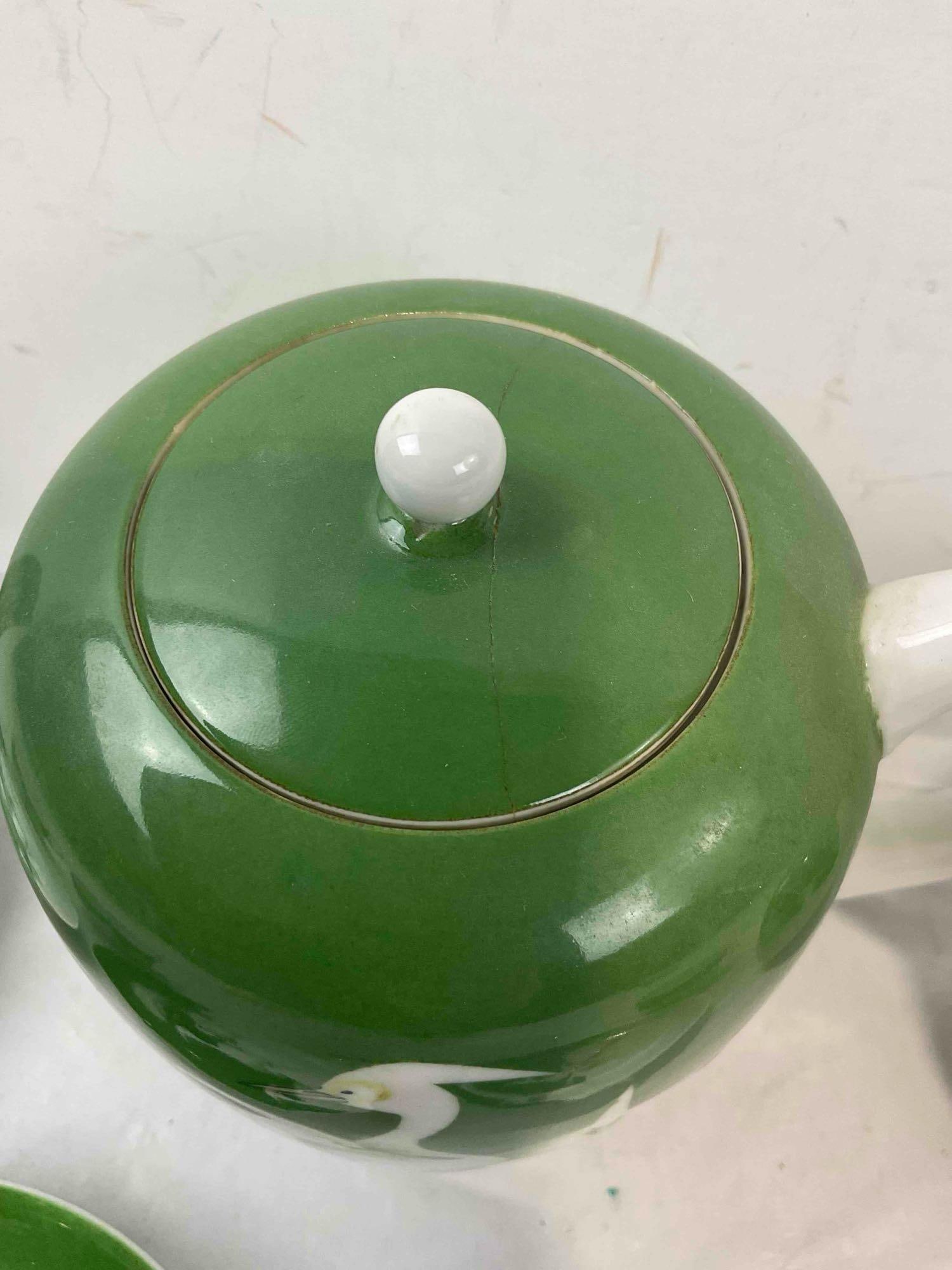 8 pcs Vintage Sweet Japanese White & Green Ceramic Tea Set w/ Heron Motif. See pics. - 5