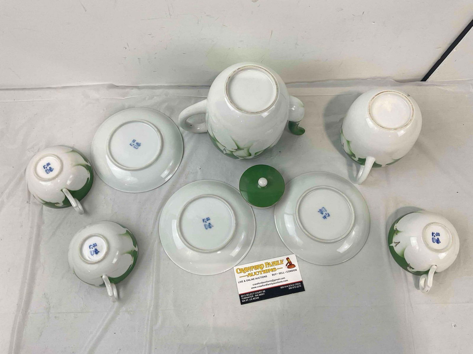 8 pcs Vintage Sweet Japanese White & Green Ceramic Tea Set w/ Heron Motif. See pics. - 7
