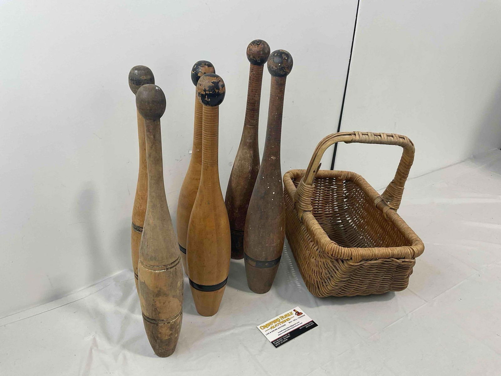 6 pcs Antique Wooden Juggling Clubs & 1 pc Antique Woven Basket. Very Good Condition. - 2