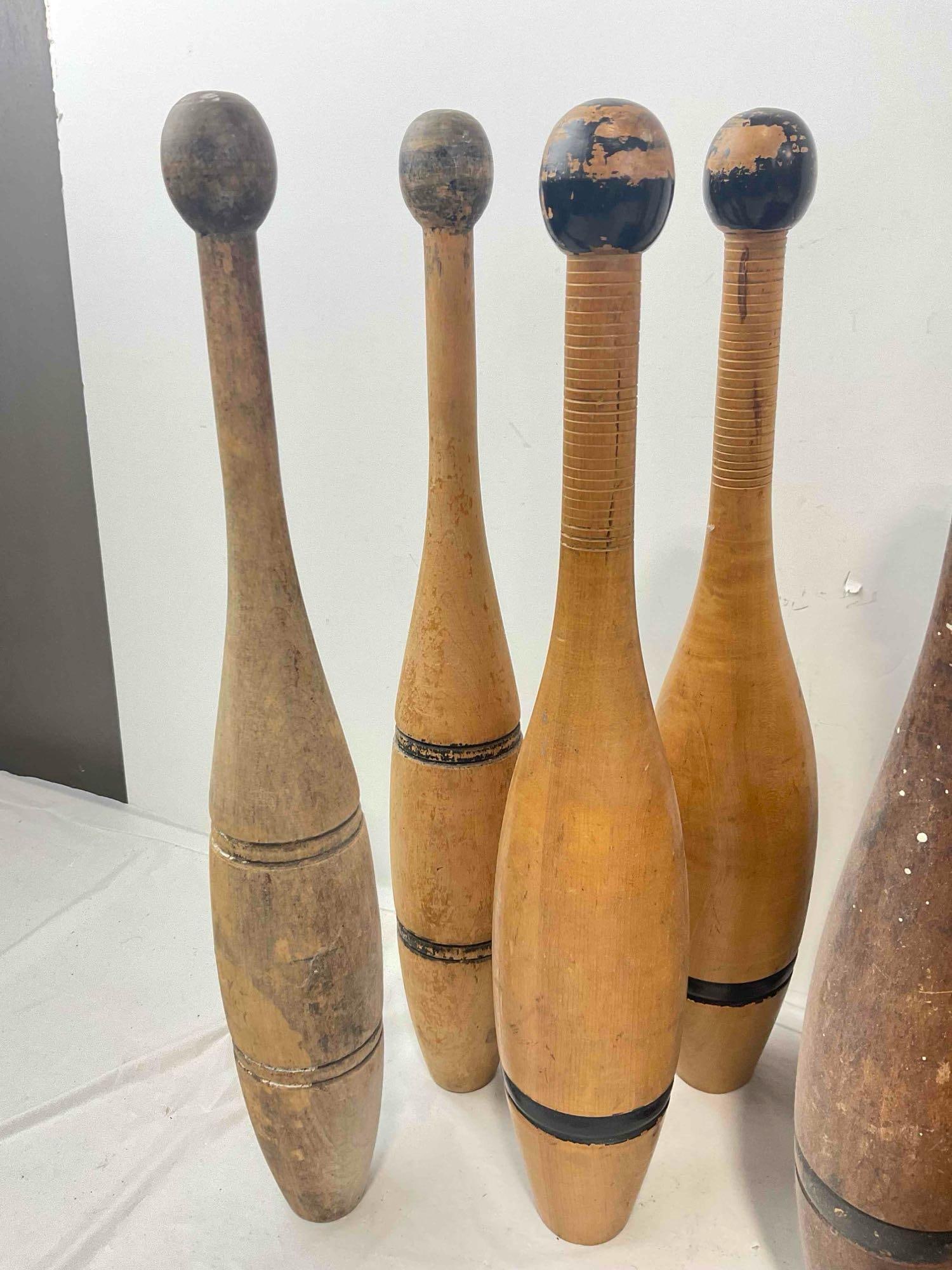 6 pcs Antique Wooden Juggling Clubs & 1 pc Antique Woven Basket. Very Good Condition. - 4