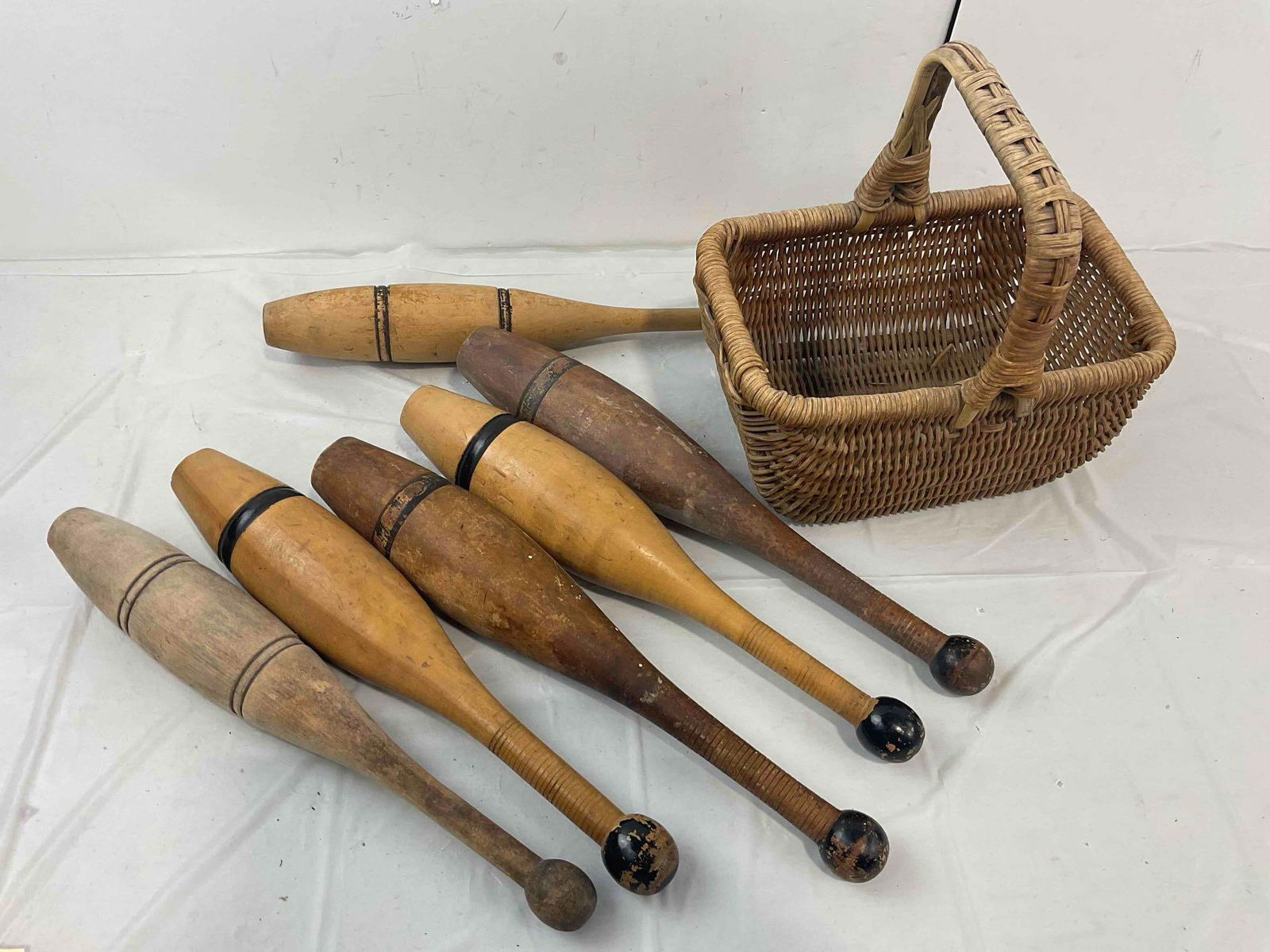 6 pcs Antique Wooden Juggling Clubs & 1 pc Antique Woven Basket. Very Good Condition. - 7