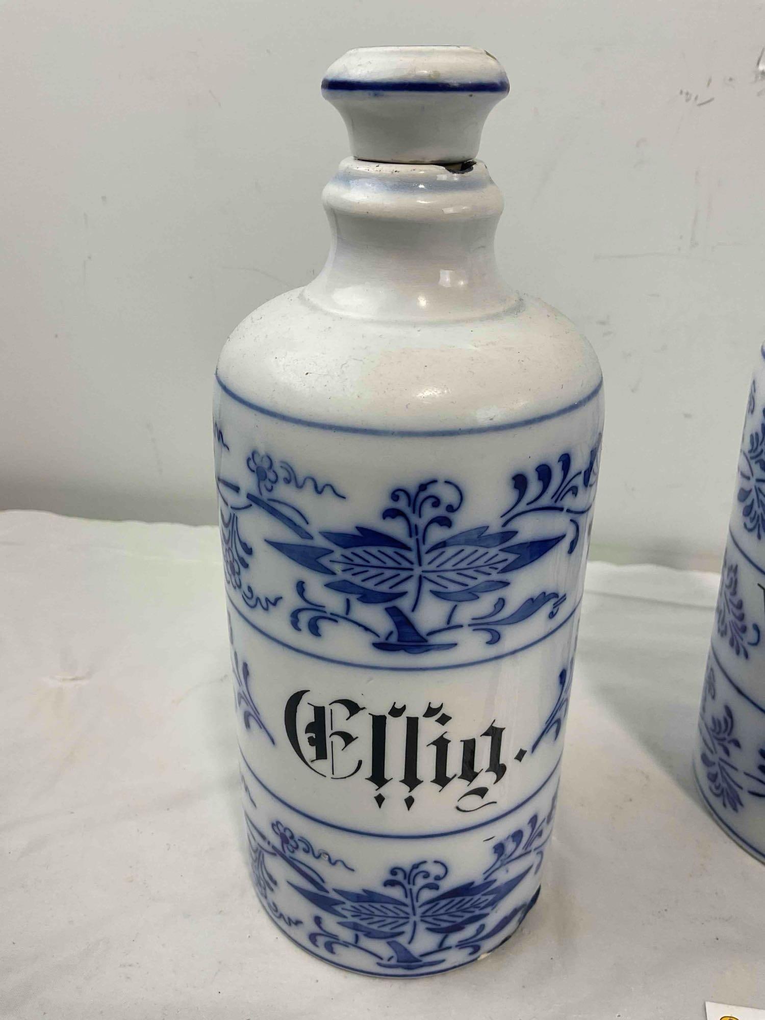 3 pcs Vintage? Flow Blue Ceramic Condiment Bottles "Vinegar" & "Ellig." Very Good Condition. - 5