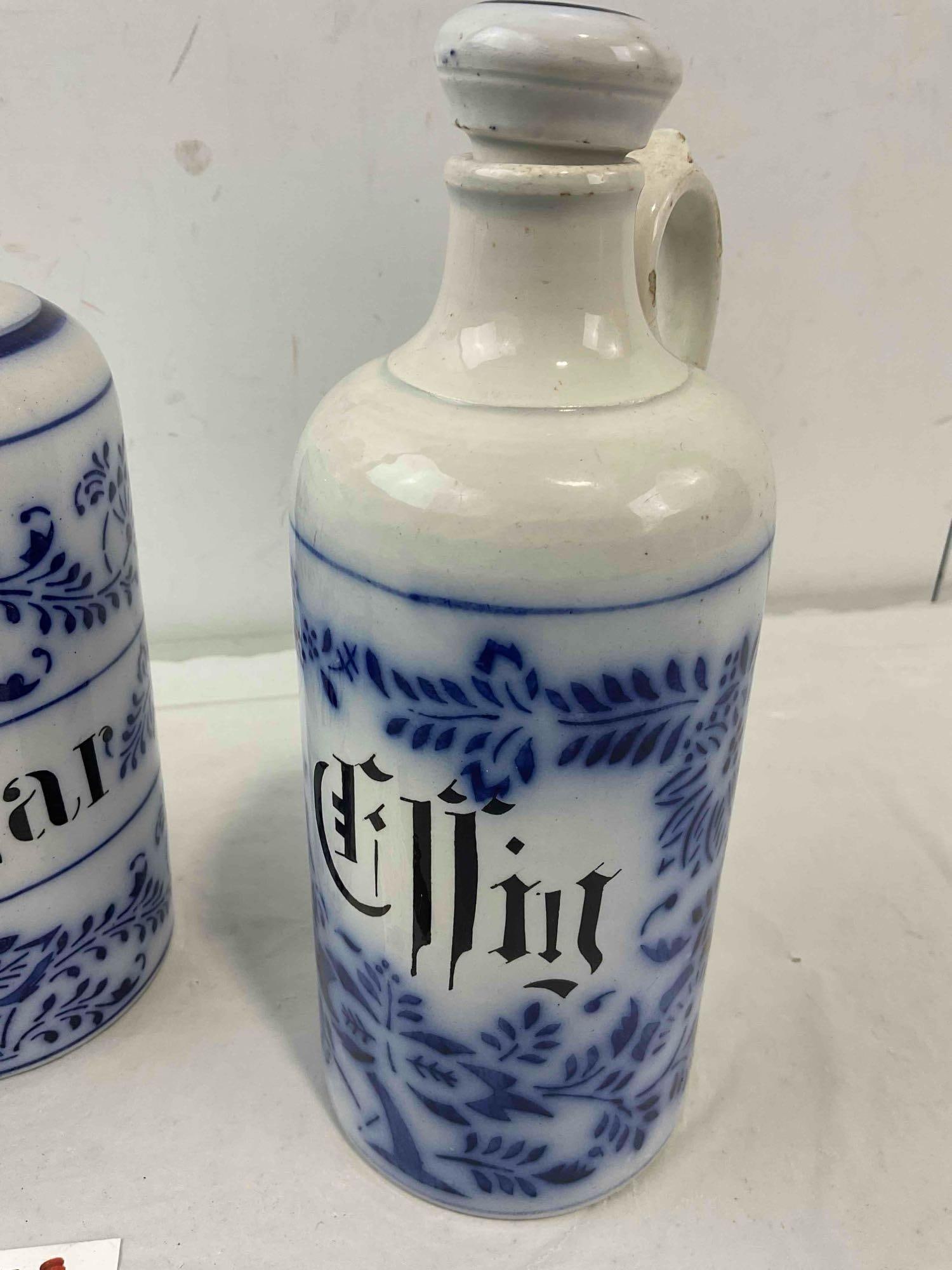 3 pcs Vintage? Flow Blue Ceramic Condiment Bottles "Vinegar" & "Ellig." Very Good Condition. - 7