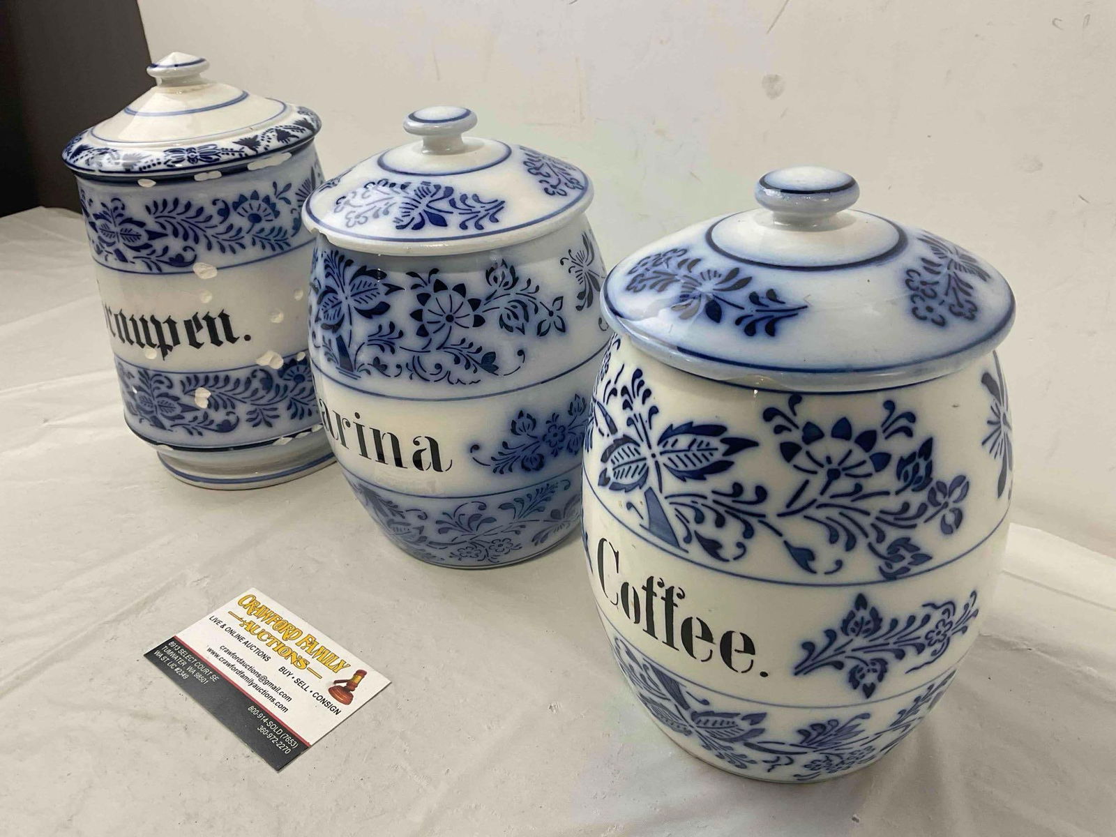 3 pcs Flow Blue Style Ceramic Condiment Jars, 2x Vintage German & 1x Antique. See pics. - 2