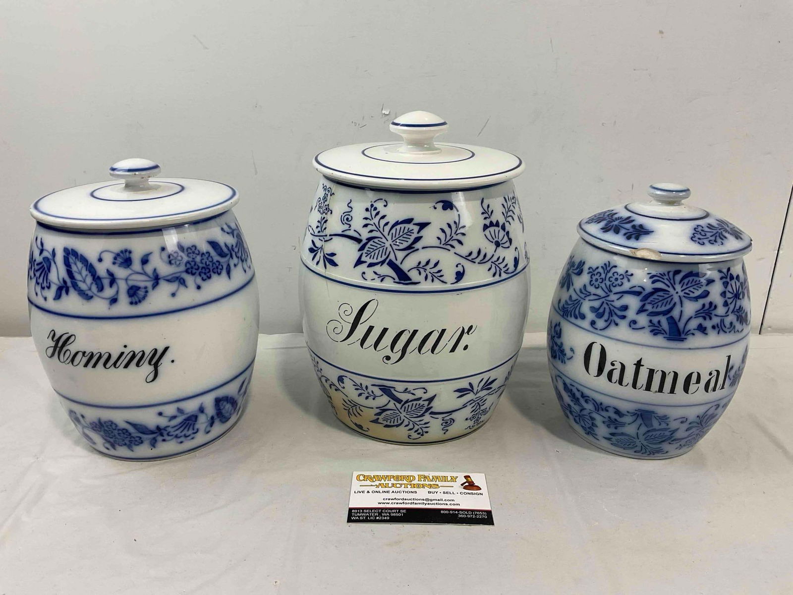 3 pcs Vintage German Flow Blue Style Storage Jars "Oatmeal," "Sugar" & More! Very Good Cond.: 3 pcs Vintage German Flow Blue Style Storage Jars "Oatmeal," "Sugar" & More! Very Good Condition. Minor chips and cracks, condition is otherwise very good. Largest measures 7" x 7" x 8" DM-5520 