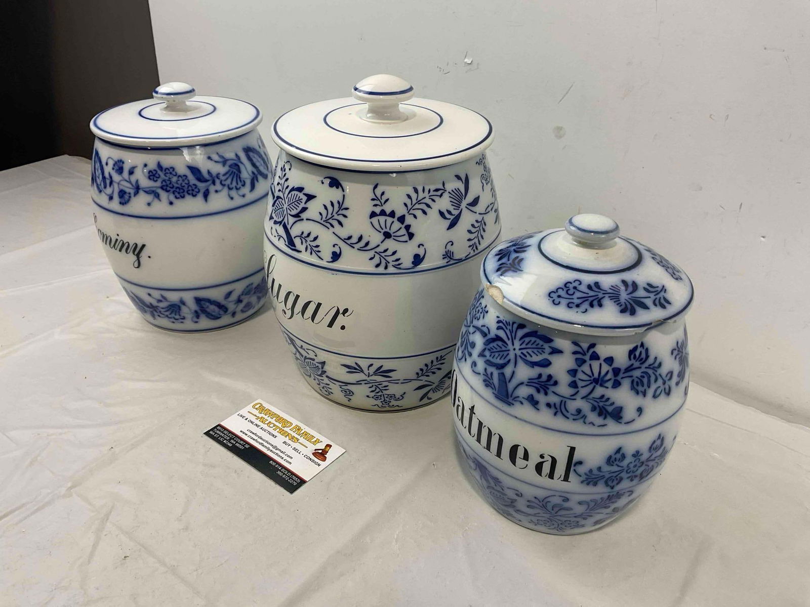 3 pcs Vintage German Flow Blue Style Storage Jars "Oatmeal," "Sugar" & More! Very Good Cond. - 2